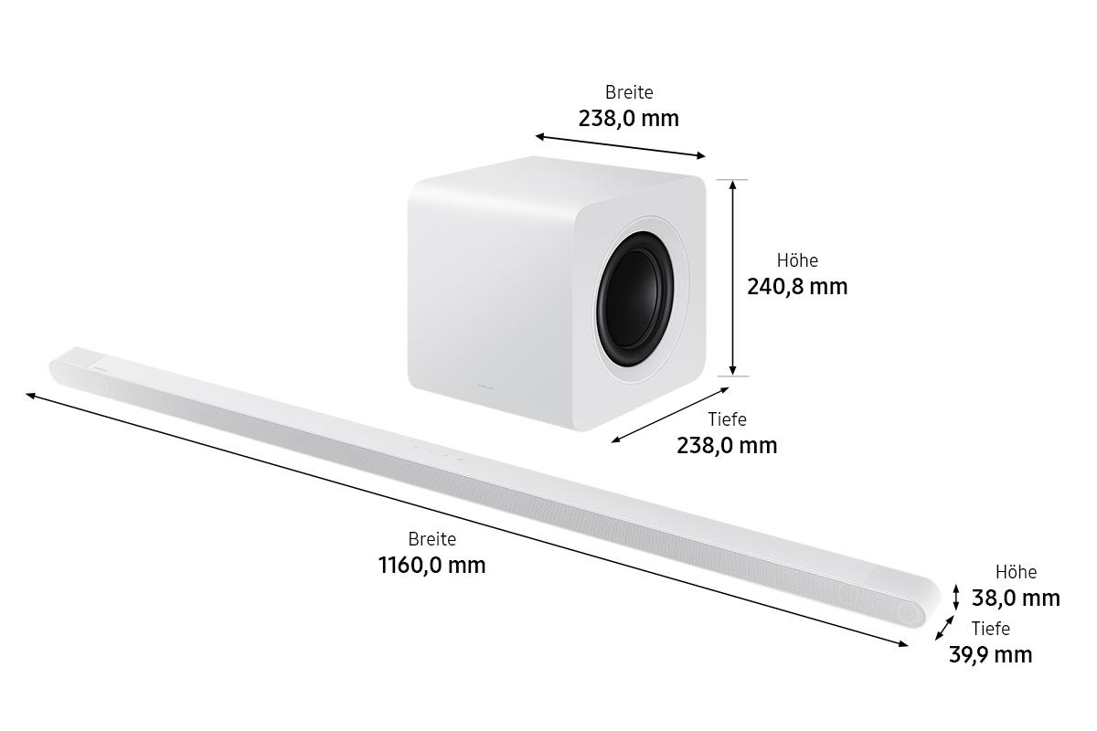 Eine weiße Soundbar, ein Subwoofer und Maßangaben werden vor weißem Hintergrund angezeigt. Die Soundbar ist lang.