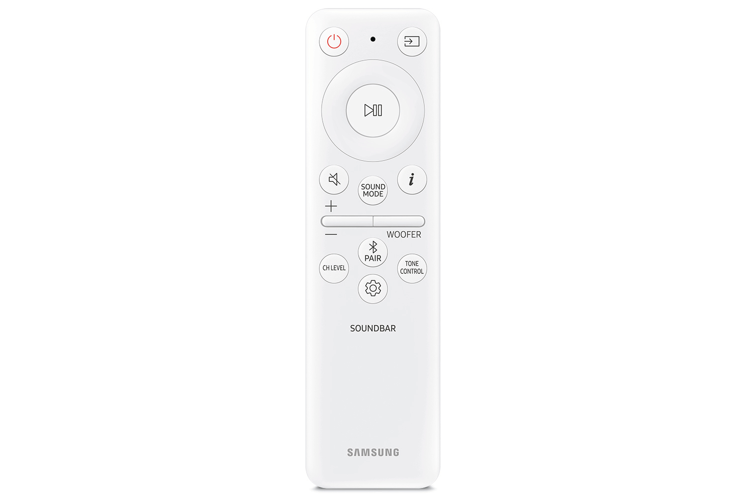 Eine weiße Samsung Soundbar-Fernbedienung. Sie hat Tasten für Strom, Lautstärke, Soundmodus, Subwoofer und andere Funktionen.
