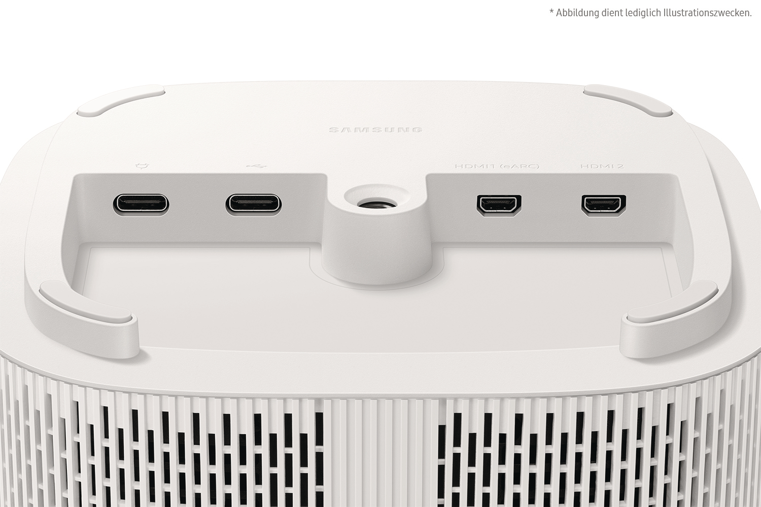 Weißes Gerät mit mehreren Anschlüssen. Enthält USB-C und HDMI. SAMSUNG-Logo sichtbar. Unterseite mit gitterartigem Design.