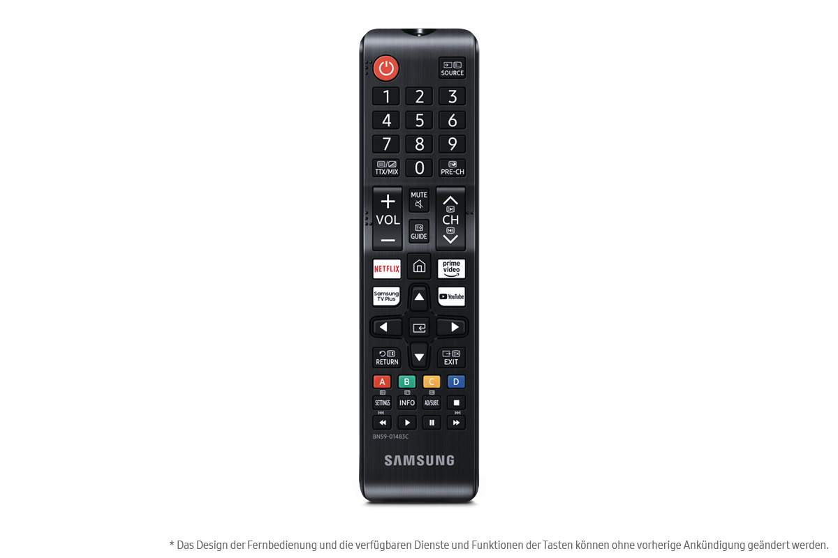 Eine schwarze Samsung TV-Fernbedienung. Tasten umfassen Zahlen, Lautstärke, Kanal, Netflix und YouTube. Die Fernbedienung hat einen Ein-/Ausschalter.