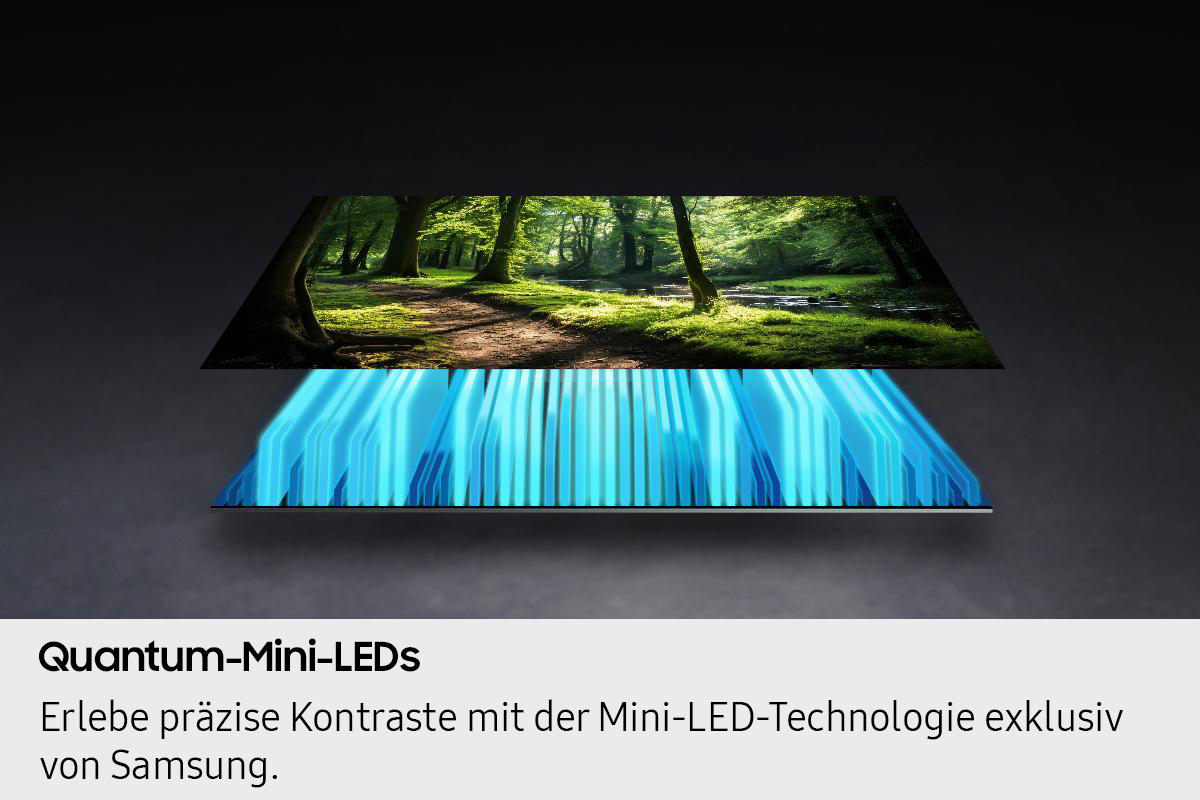 Das Bild zeigt eine Waldszene über blauen Lichtstrahlen, die Mini-LED-Technologie repräsentieren, mit Text darunter.
