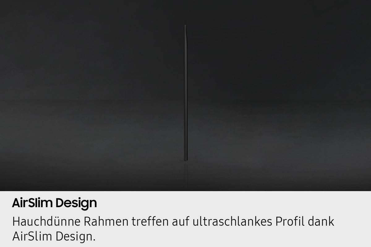 Ein schwarzer Bildschirm mit einer dünnen, vertikalen schwarzen Linie in der Mitte. Text AirSlim Design unten.