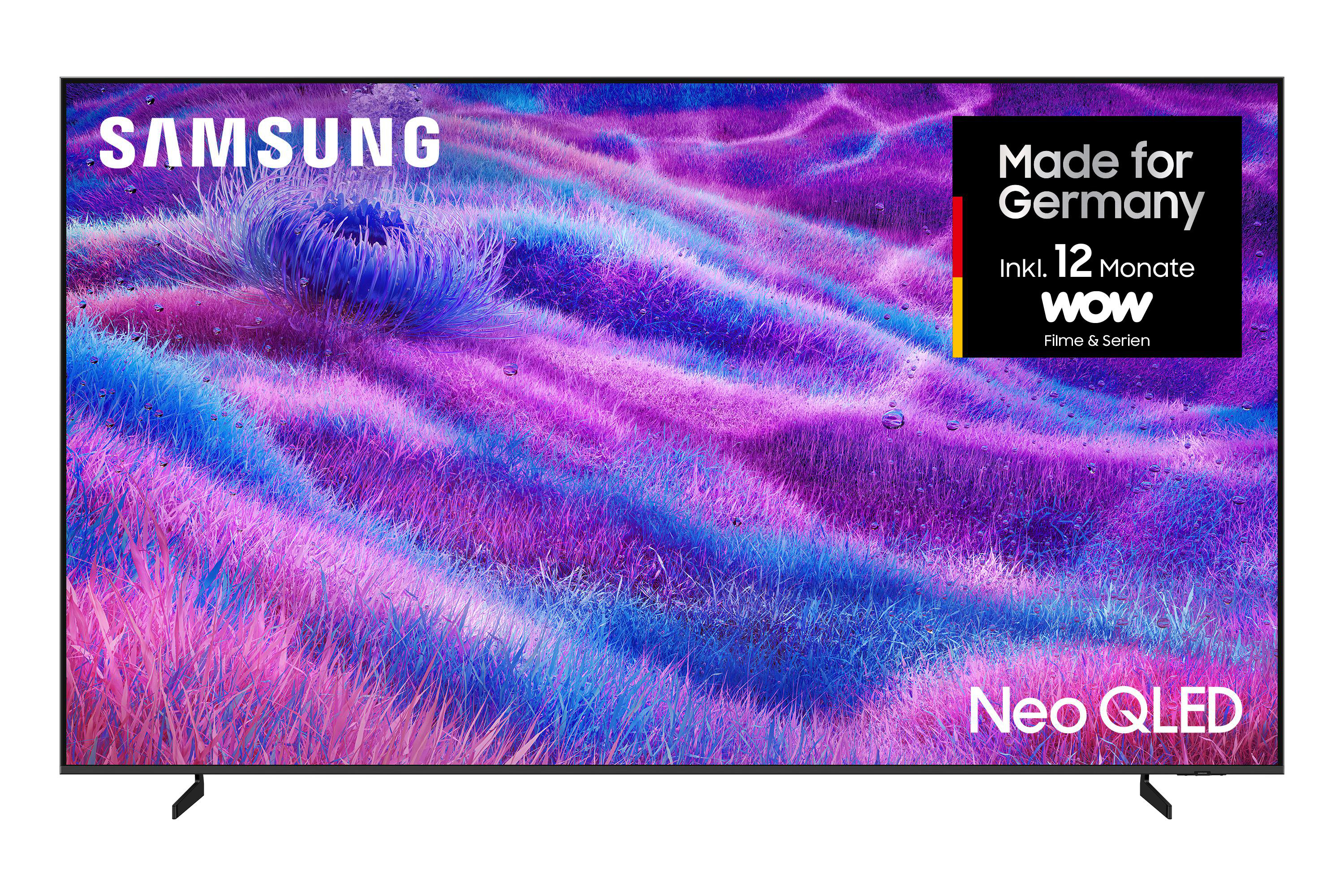 Samsung Neo QLED TV zeigt ein farbenfrohes abstraktes Muster. Zu den Merkmalen gehören 'Made for Germany' und 'WOW'.