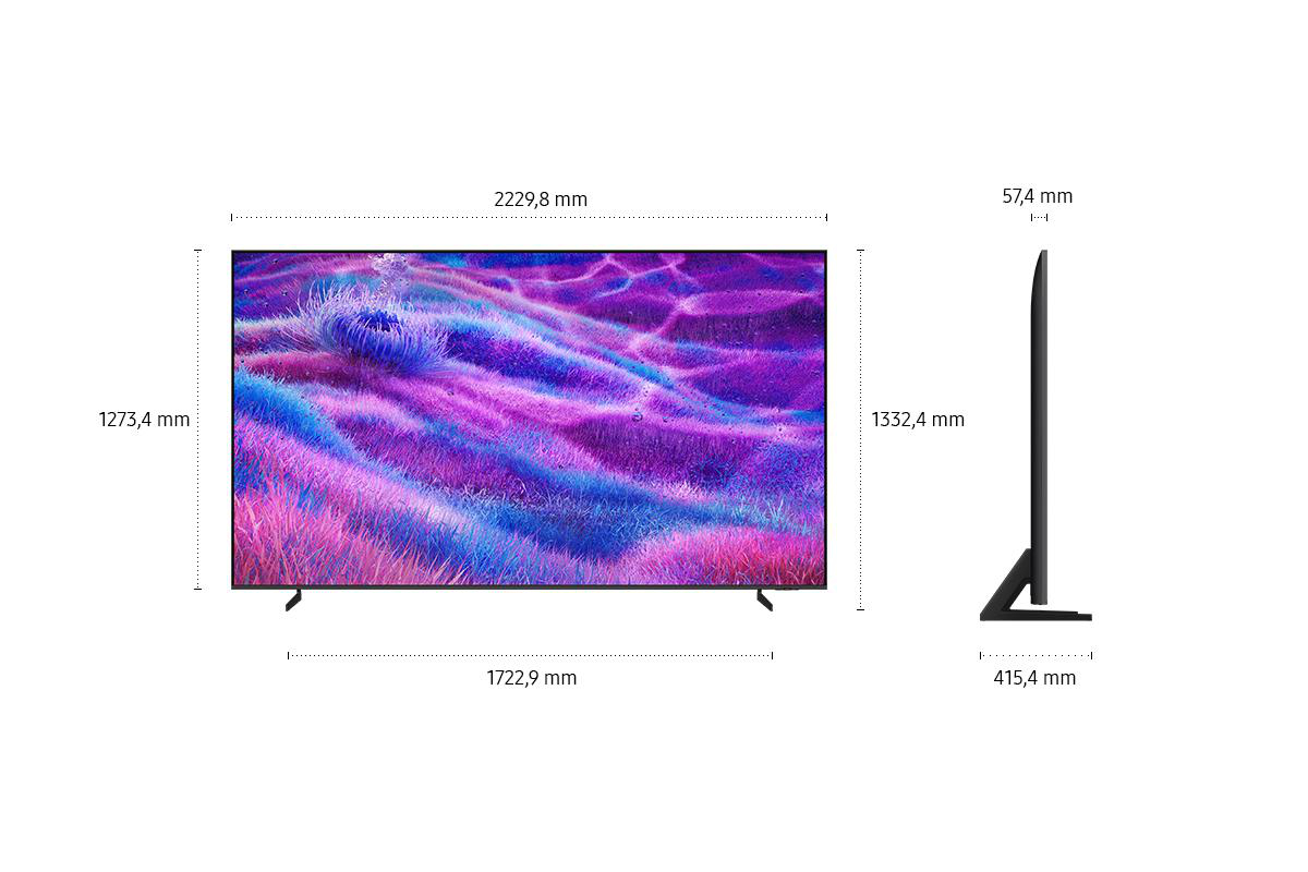 Fernseher mit lebendigem Display, Seitenansicht mit Dicke. Abmessungen werden angezeigt, mit weißem Hintergrund.