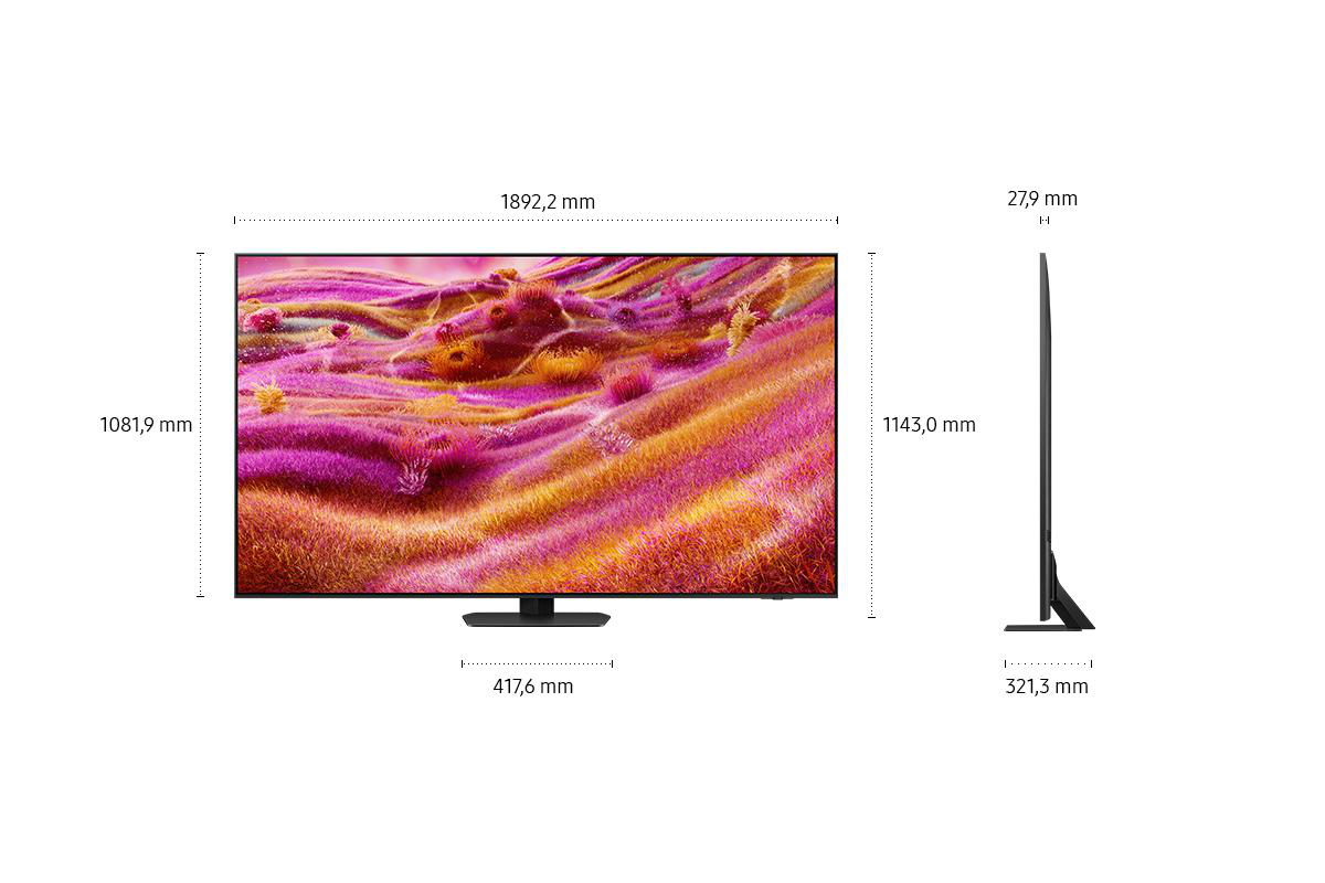 Ein großer TV-Bildschirm mit abstrakter Kunst in Pink und Gelb wird von vorne und von der Seite mit Maßangaben gezeigt.
