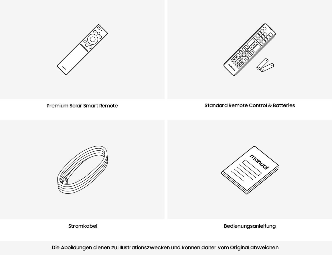 Vier Illustrationen: eine Fernbedienung, eine weitere Fernbedienung mit Batterien, ein Kabel und ein Handbuch. Alles Schwarz-Weiß-Strichzeichnungen auf Weiß.