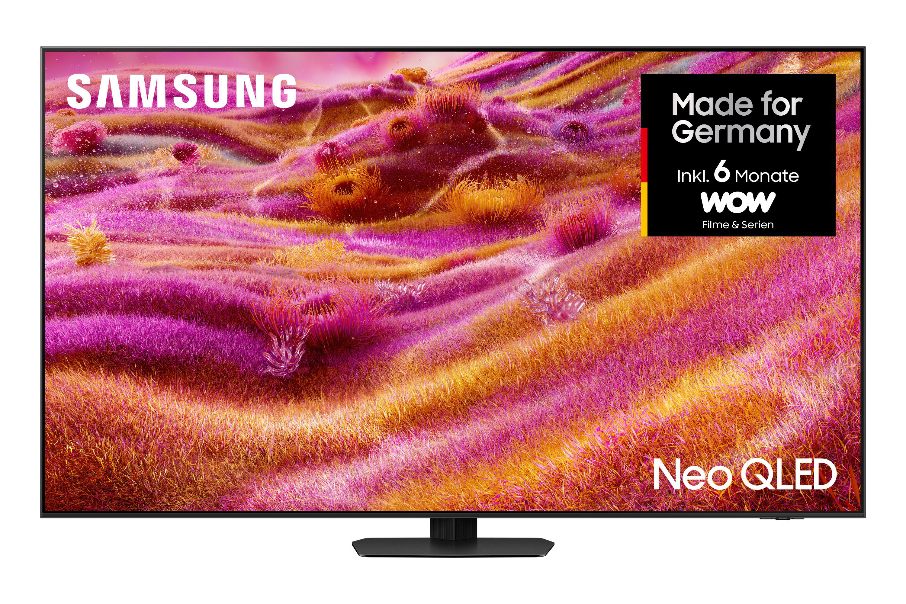 Samsung Neo QLED TV. Bildschirm zeigt ein abstraktes pink-orange Design. Made for Germany Aufkleber rechts.