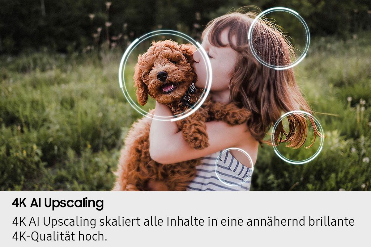 Ein Mädchen hält einen braunen Hund und küsst ihn. Beide sind auf einem grünen Feld. Der Hund trägt ein Halsband. Text: '4K AI Upscaling'.