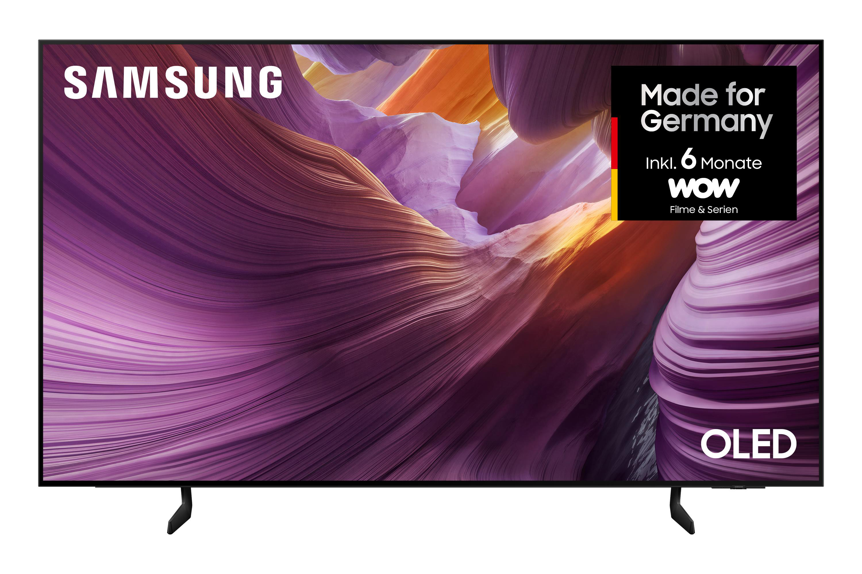 Samsung OLED-TV. Der Bildschirm zeigt ein violettes, orangefarbenes und weißes abstraktes Design. Made for Germany-Logo rechts.