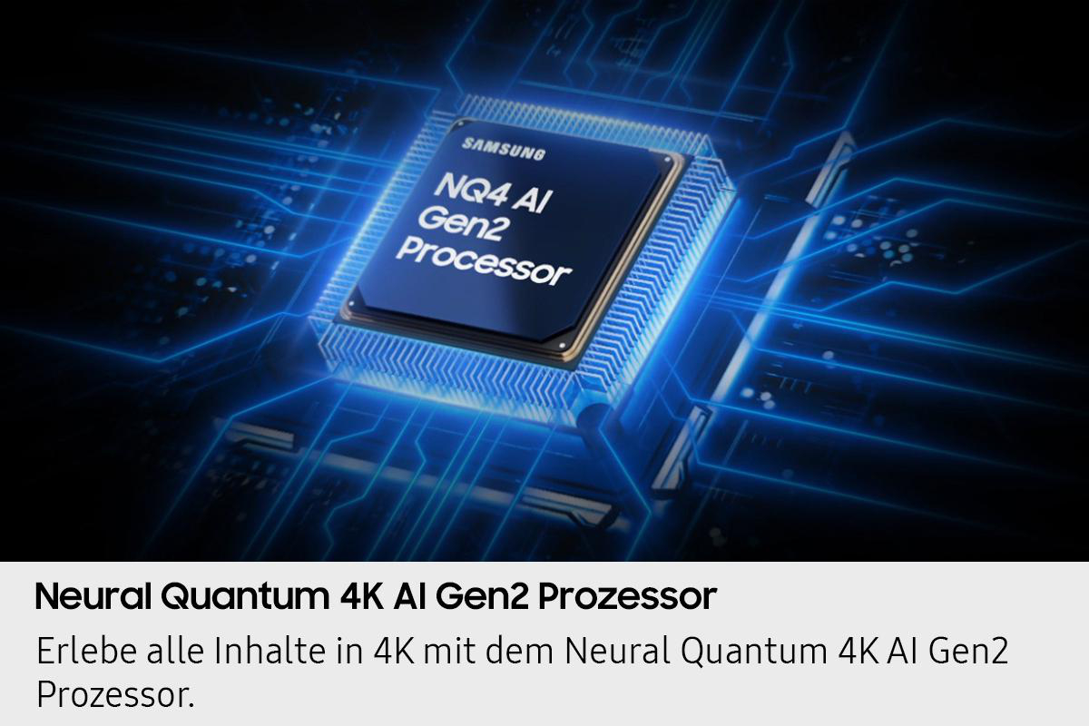 Bild eines Samsung NQ4 AI Gen2 Prozessor-Chips mit blauen Schaltkreisen. Text darunter lautet: Neural Quantum 4K AI Gen2 Prozessor.