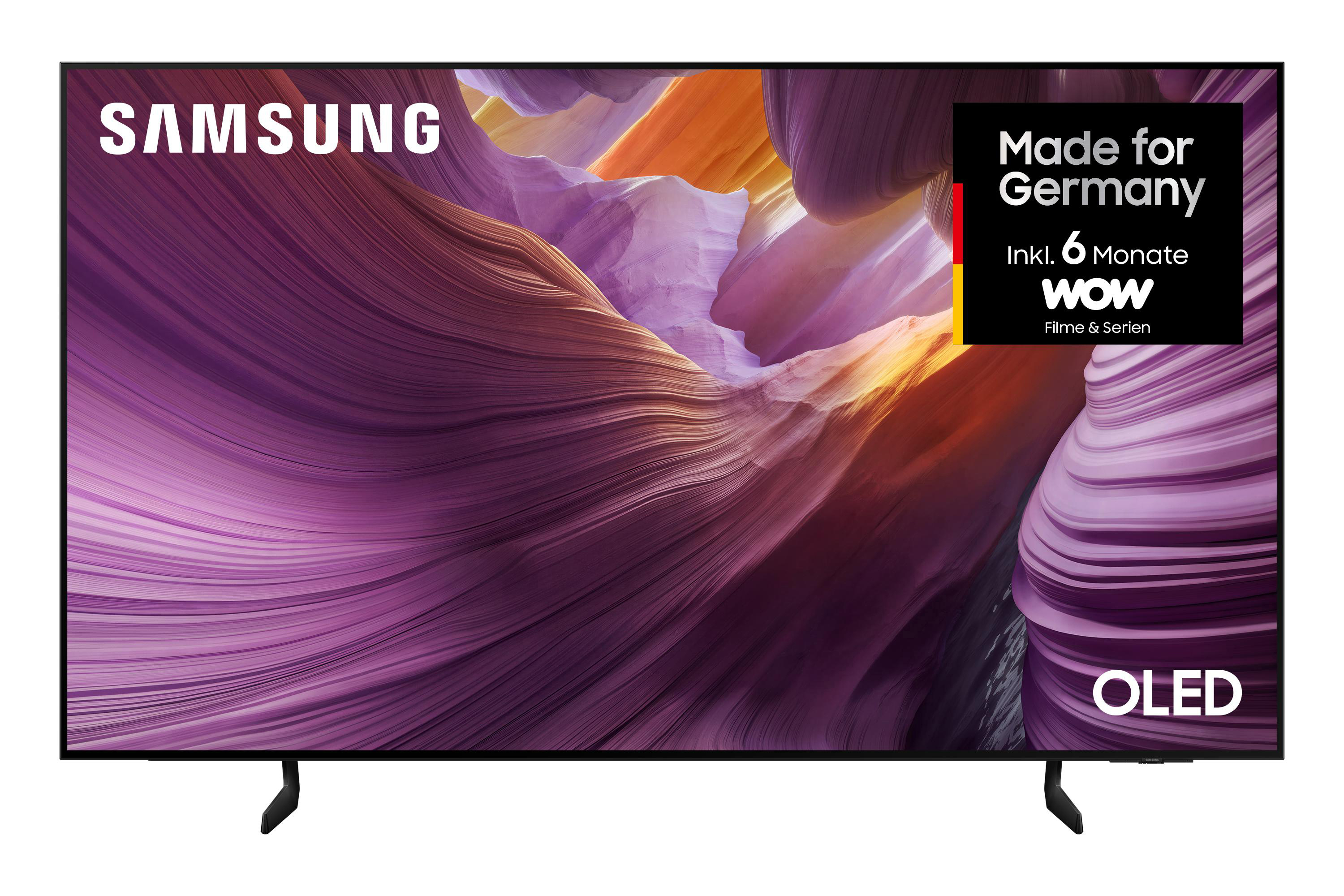 Samsung OLED TV. Der Bildschirm zeigt einen abstrakten Hintergrund in Lila, Orange und Weiß. Made for Germany Logo.