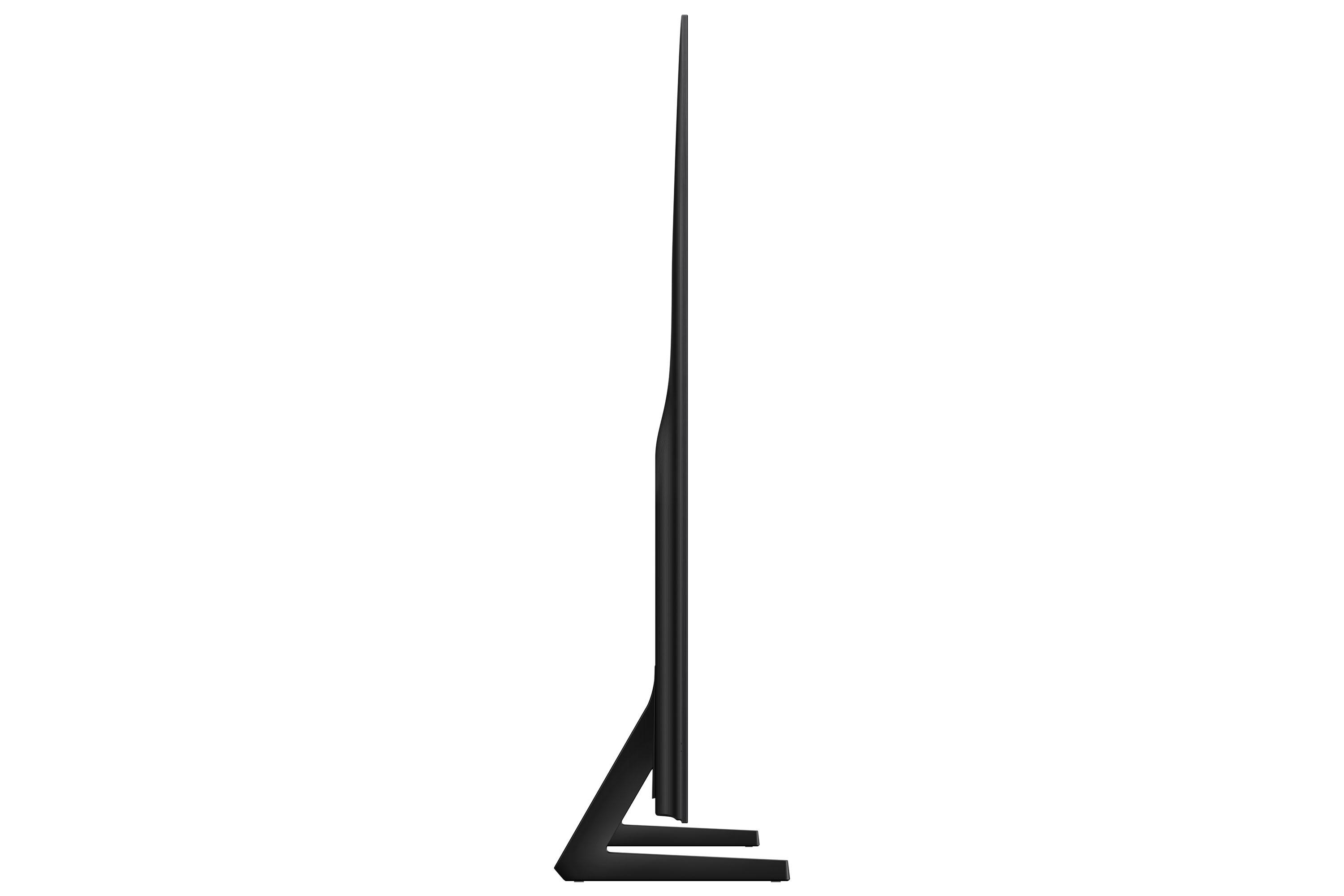 Seitenansicht eines schwarzen, schlanken Fernsehers vor weißem Hintergrund. Der Fernseher hat einen Ständer.