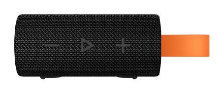 Czarny cylindryczny głośnik z regulacją głośności i pomarańczowym paskiem. Głośnik ma teksturowaną powierzchnię.
