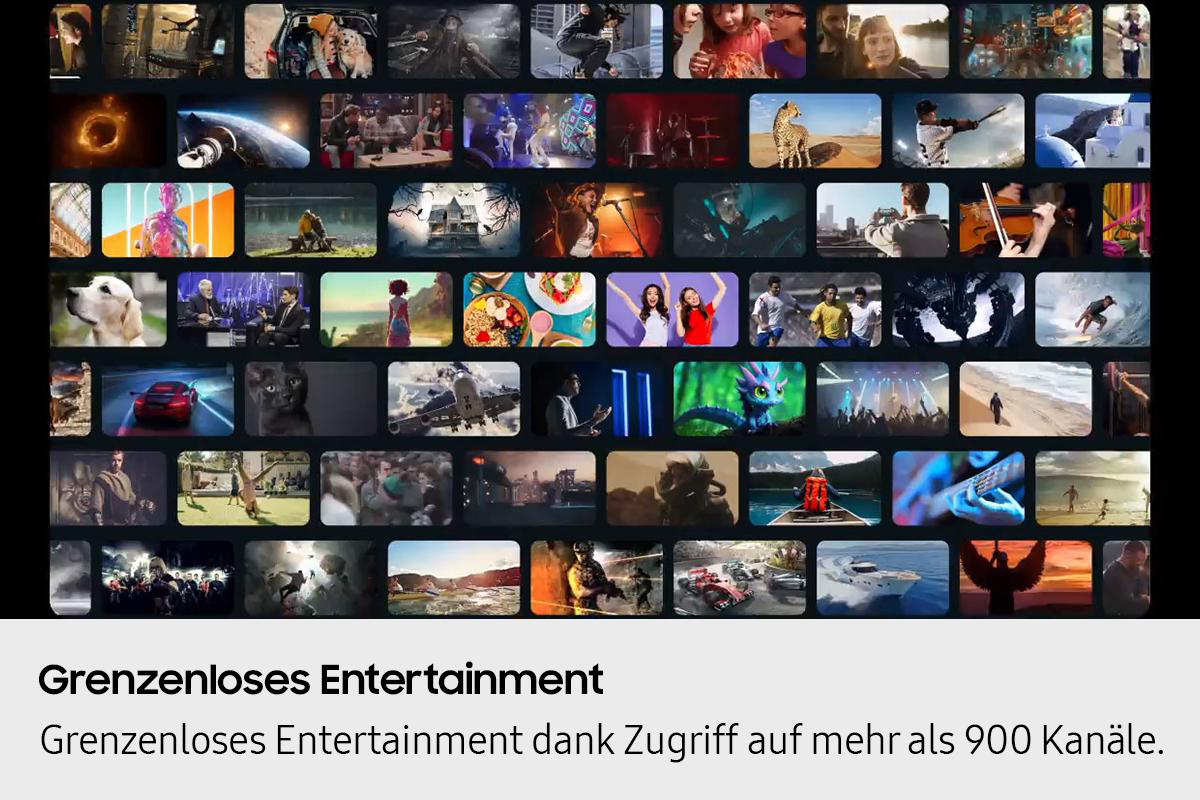 Ein Raster verschiedener Bilder, darunter ein schwarzes Loch, Weltraum, Menschen, Tiere und Essen, das 'Grenzenloses Entertainment' bewirbt.