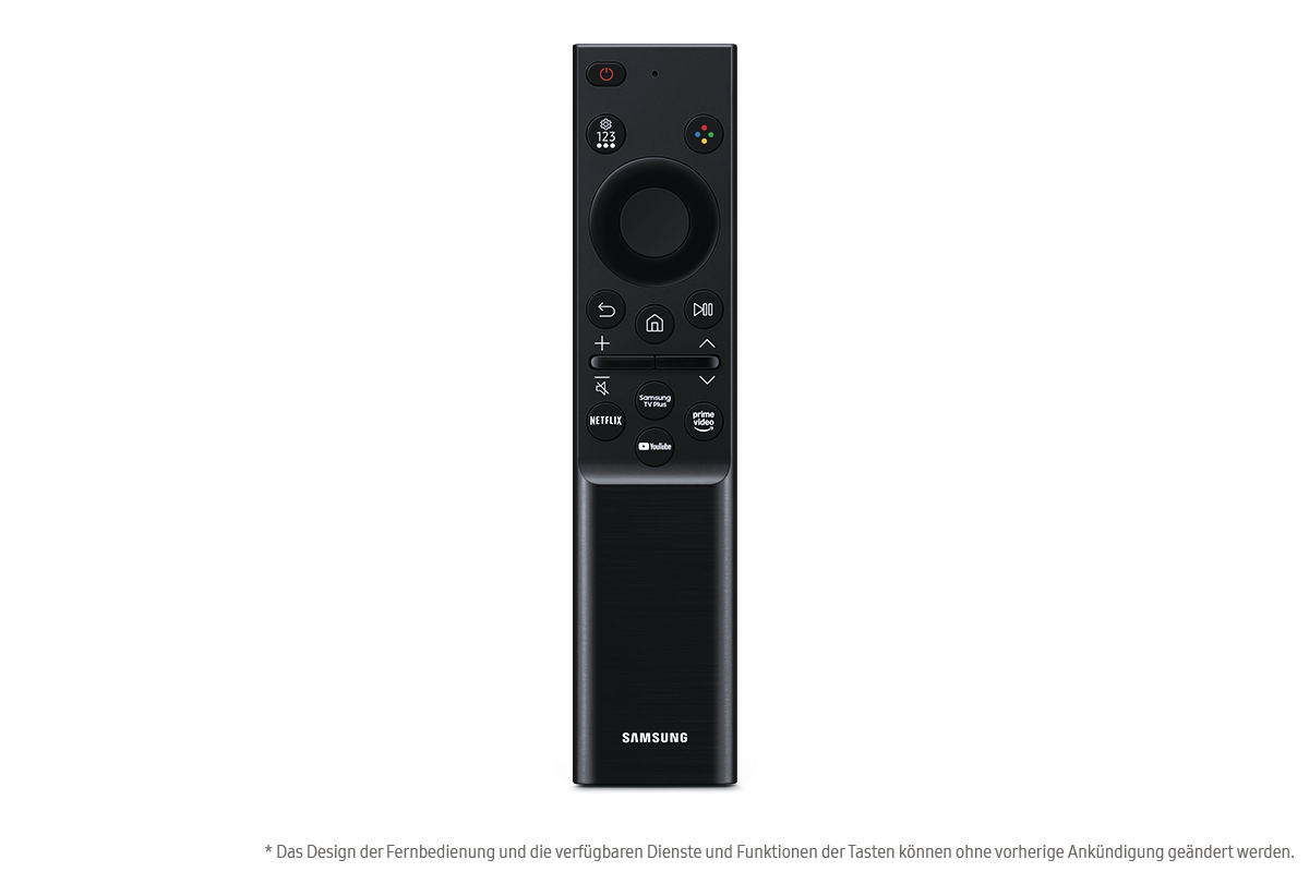 Eine schwarze Samsung TV-Fernbedienung mit Tasten für Ein/Aus, Lautstärke, Kanäle, Netflix, YouTube und andere Funktionen, auf weißem Hintergrund.