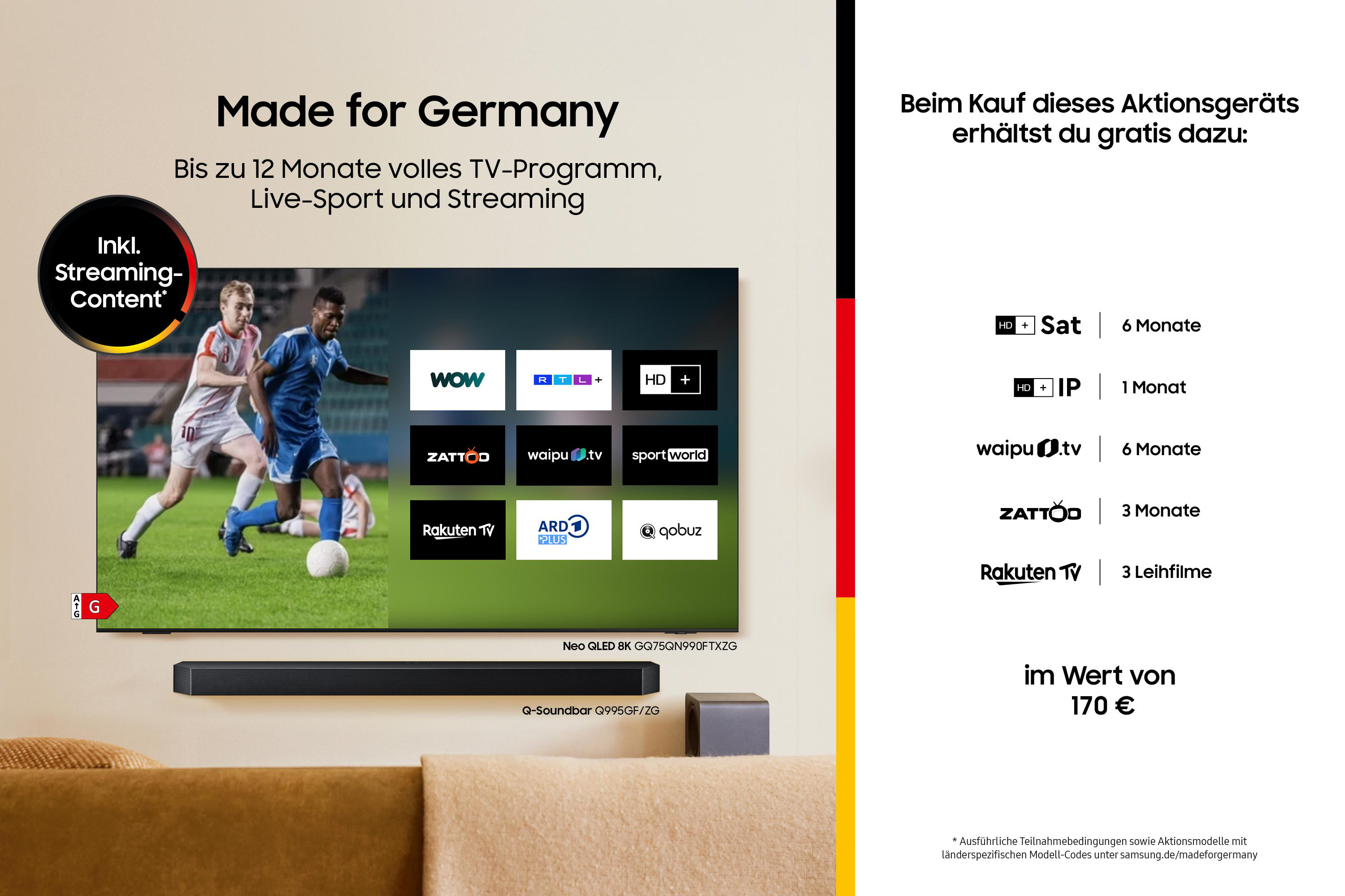 Werbung für einen Fernseher, zeigt Fußballspieler auf einem Bildschirm, mit Streaming-Angeboten und einer Soundbar.