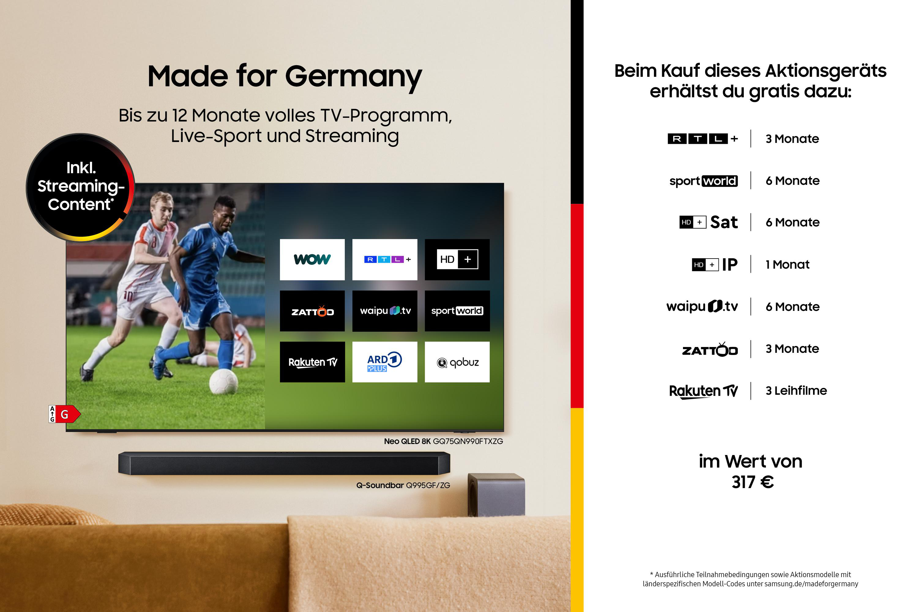 TV-Werbung. Fußballspieler auf dem Bildschirm. Text: Made for Germany, Streaming-Inhalte und kostenlose Abos.