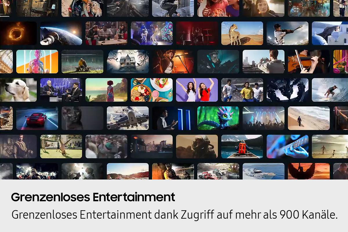 Raster verschiedener Bilder, darunter Szenen, Personen und Objekte, mit deutschem Text: 'Grenzenloses Entertainment'.