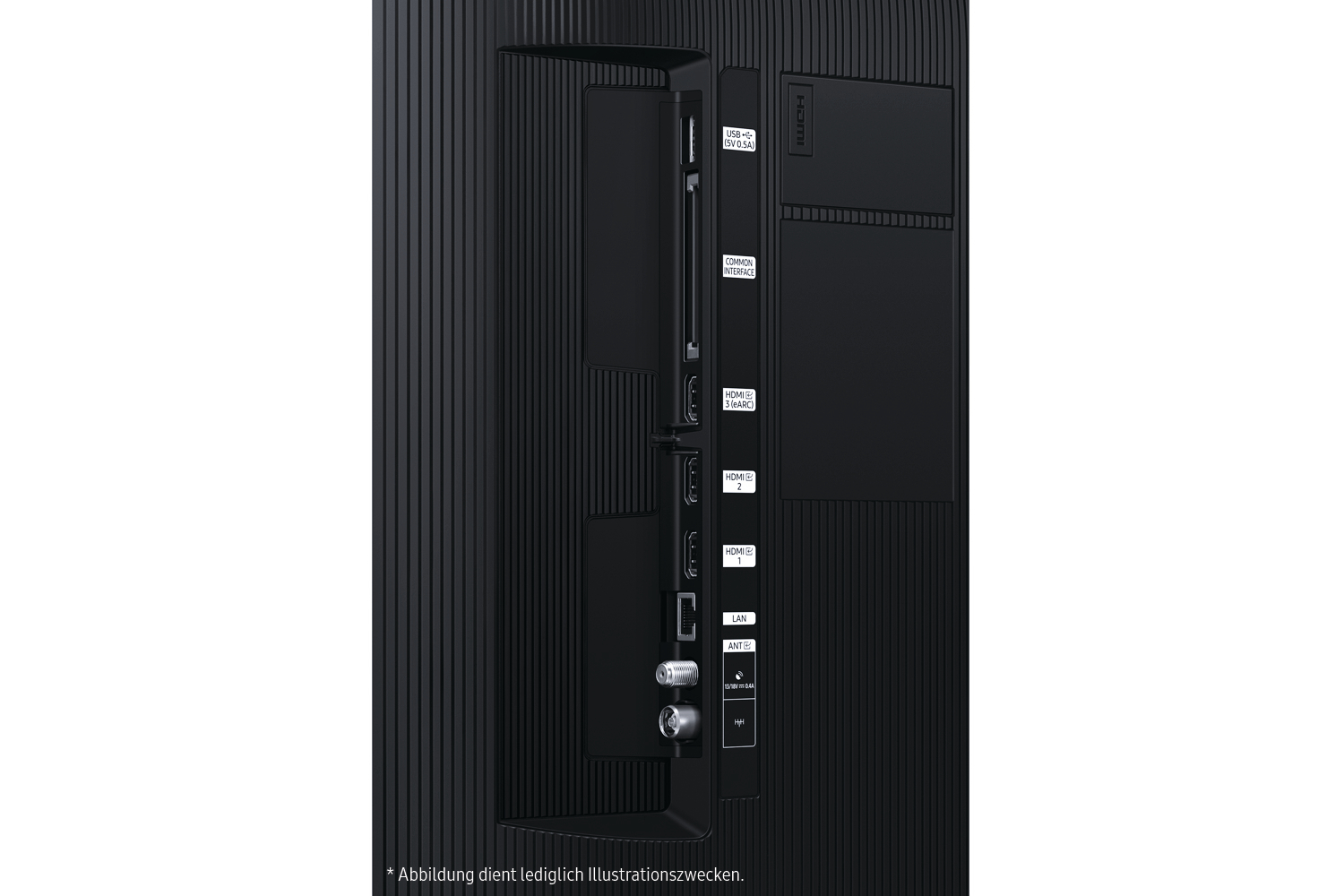 Nahaufnahme der Rückseite eines schwarzen Fernsehers. Anschlüsse umfassen USB, HDMI, LAN und Antennenanschlüsse. Etiketten.
