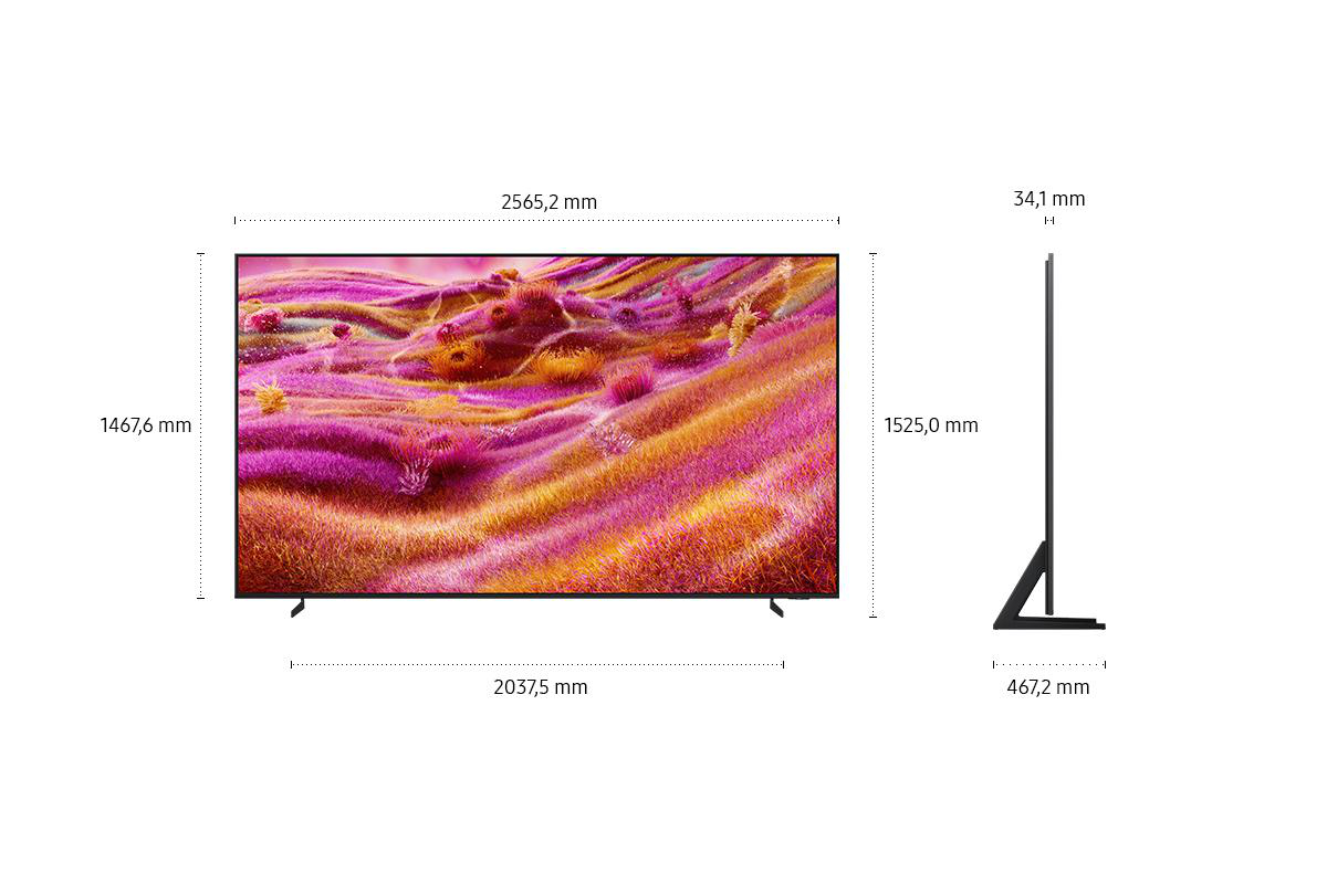 Ein großer Fernseher mit Maßangaben. Der Bildschirm zeigt ein abstraktes, farbenfrohes Muster. Maße in Millimetern.