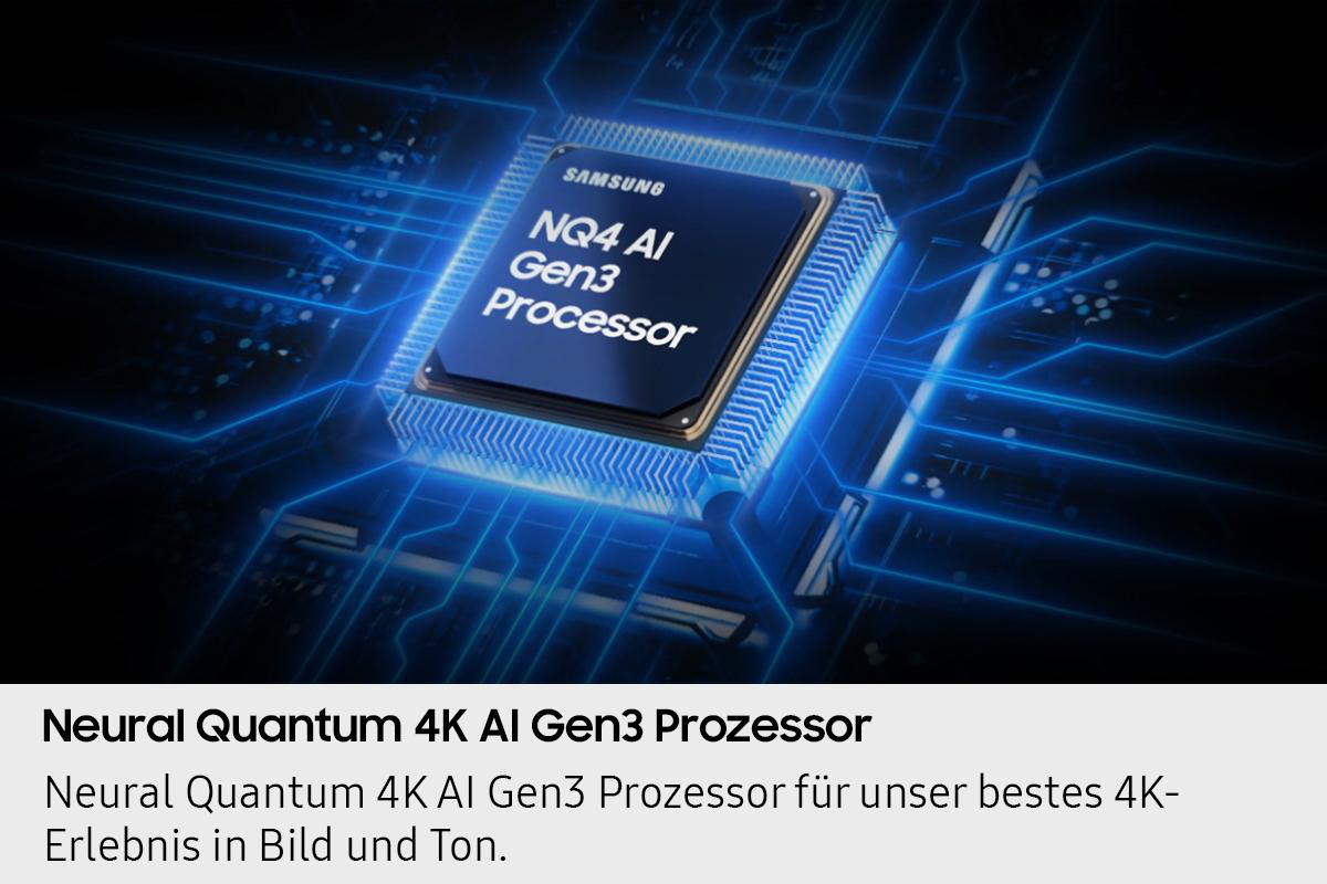 Nahaufnahme eines Samsung-Prozessors mit blauen Linien. Es steht NQ4 AI Gen3 Processor.