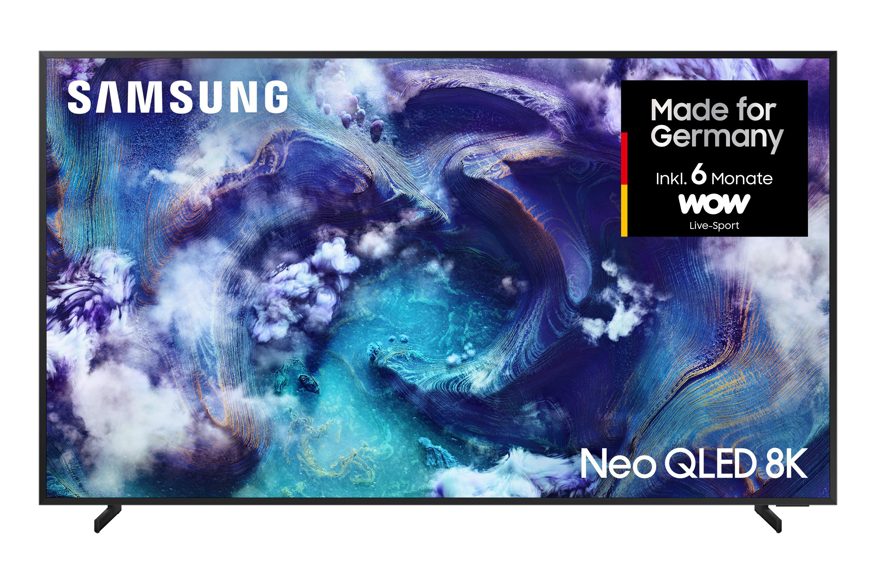 Samsung Neo QLED 8K Fernseher. Mit Made for Germany, WOW Live-Sport und abstraktem blau-violettem Hintergrund.