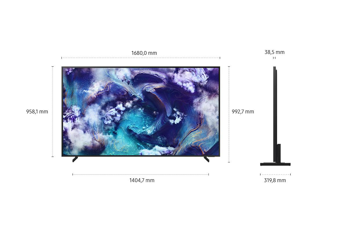Ein großer Fernsehbildschirm zeigt ein farbenfrohes, abstraktes Bild. Abmessungen: 1680 mm x 958,1 mm und 319,8 mm x 992,7 mm.