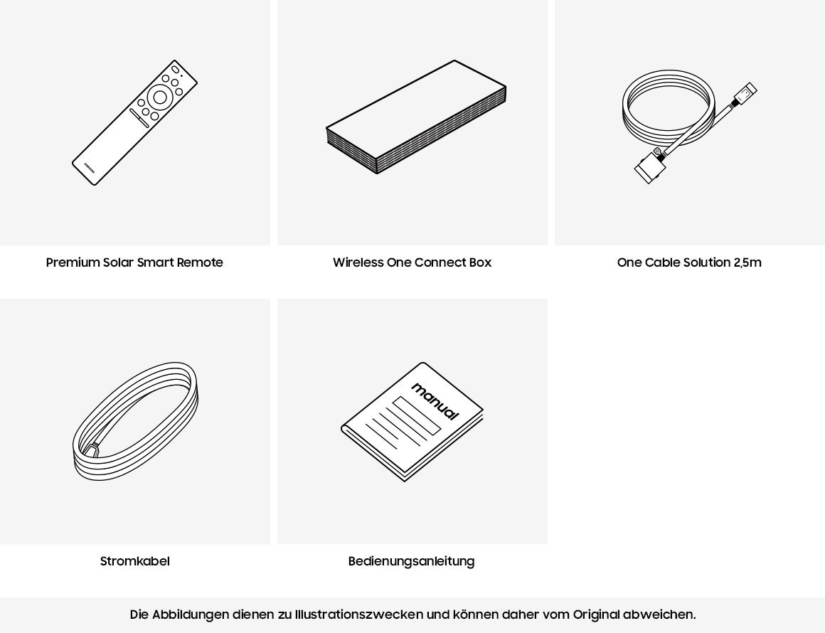Schwarz-Weiß-Strichzeichnungen von Fernbedienung, Box, Kabel, Netzkabel und Handbuch, alles im Zusammenhang mit Elektronik.