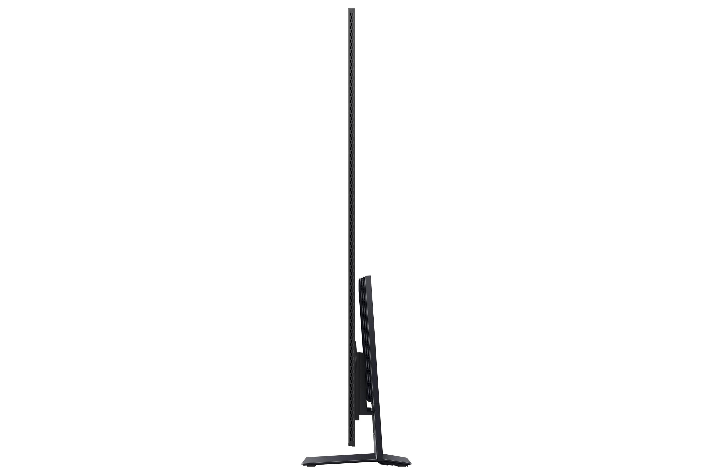 Schwarzer Fernseher, Seitenansicht, auf weißem Grund. Der Ständer und der Rahmen sind sichtbar, schlankes Design.