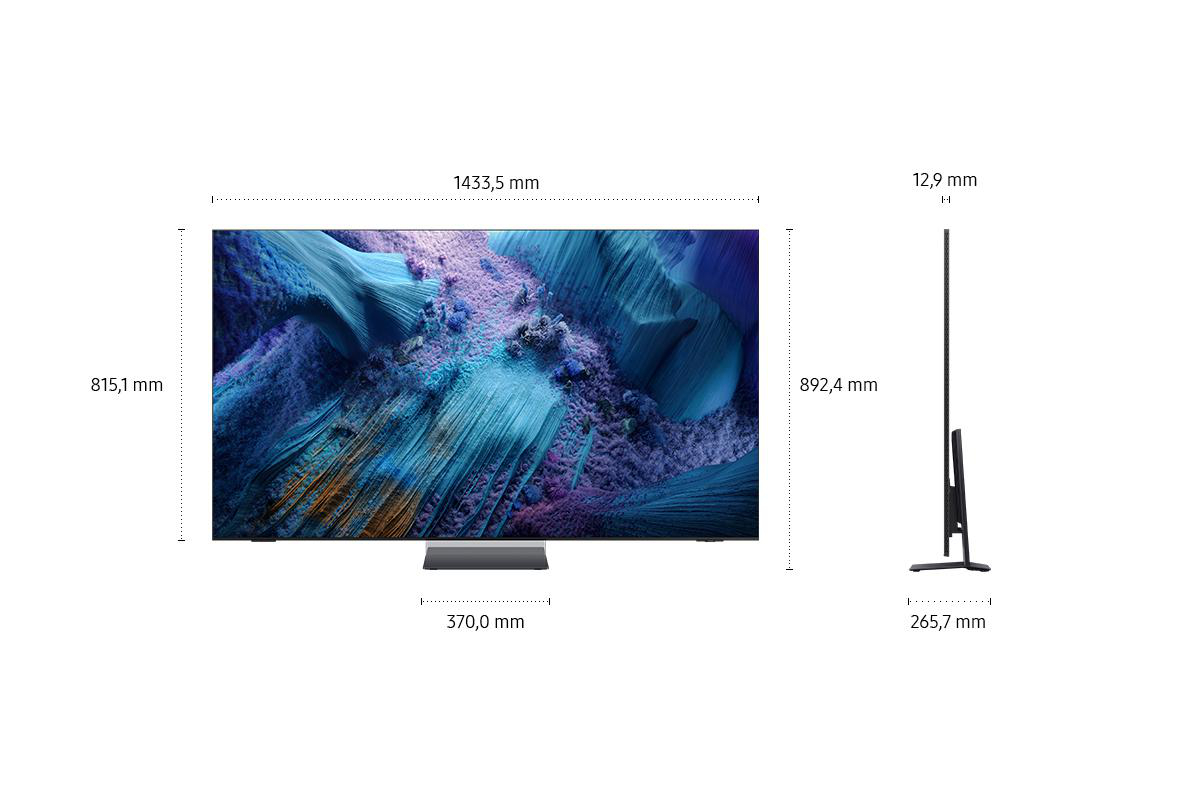 Ein großer Fernsehbildschirm zeigt ein farbenfrohes abstraktes Bild. Abmessungen und Standfußdetails sind ebenfalls angegeben, einschließlich Breite, Höhe und Tiefe.