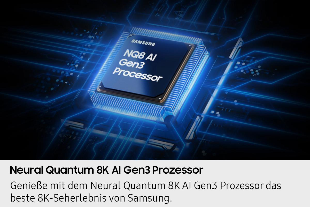 Ein blauer Prozessor mit dem Text "NQ8 AI Gen3 Processor" ist von blauen Schaltkreisen umgeben, mit Samsung-Logo.