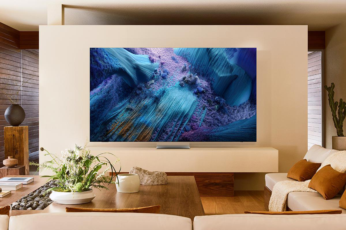 Wohnzimmer mit großem Fernseher, der abstrakte Kunst zeigt. Couch mit Kissen, Couchtisch mit Dekor und ein Kaktus.