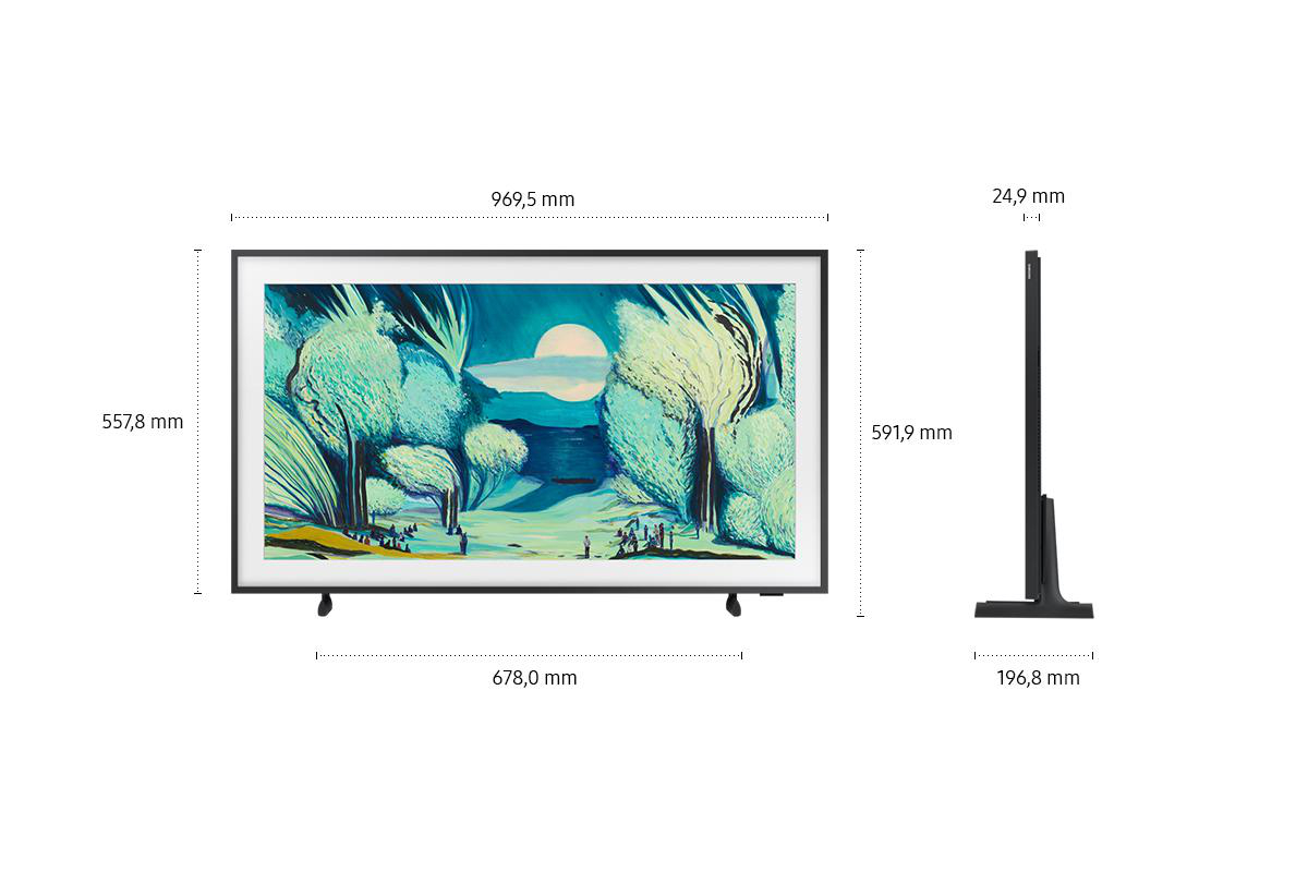Ein gerahmter Fernseher mit Landschaftskunst. Die Abmessungen sind beschriftet: 969,5 mm, 557,8 mm, 678,0 mm, 591,9 mm und 24,9 mm, 196,8 mm.