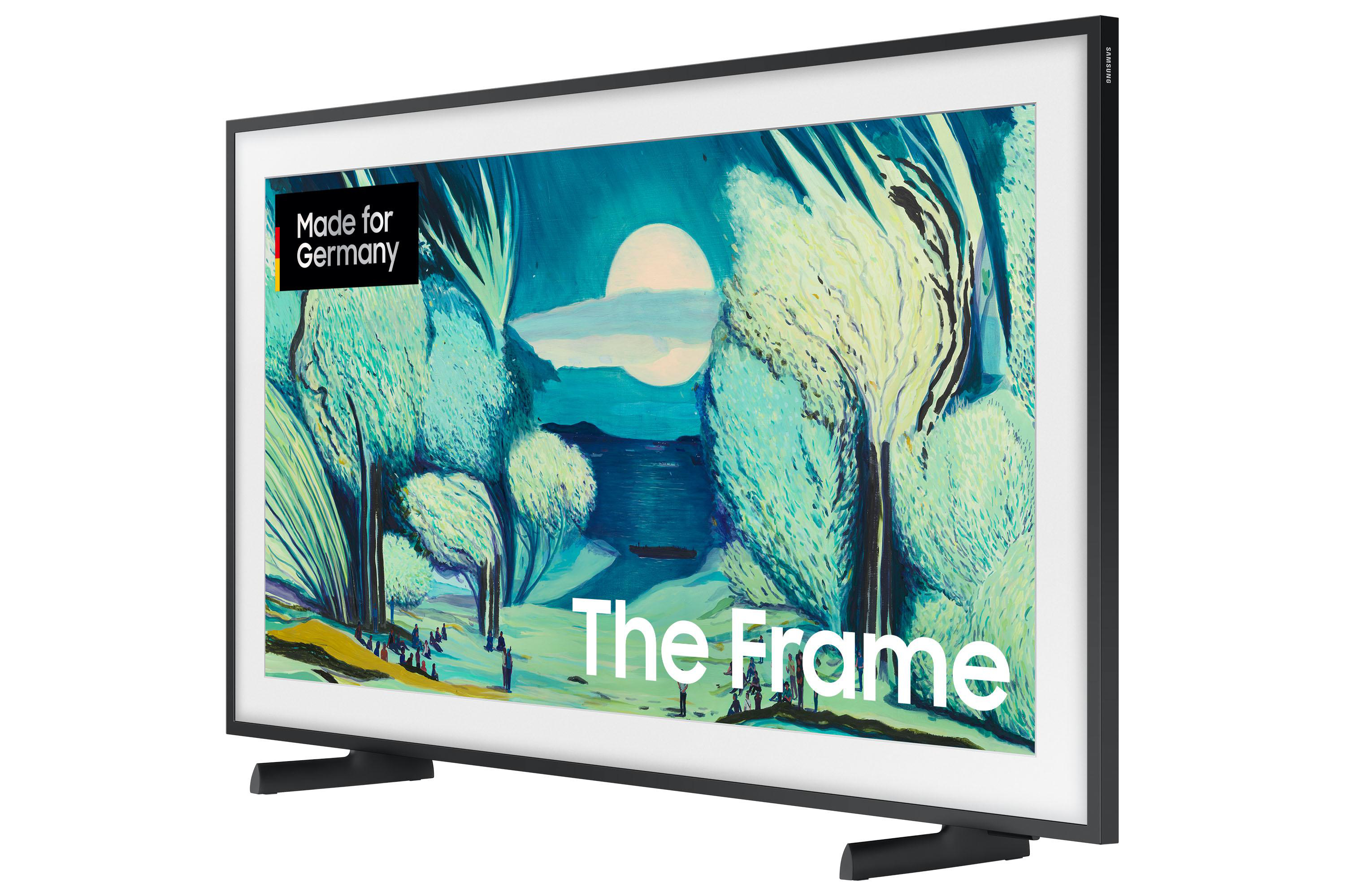 Ein Samsung 'The Frame'-Fernseher zeigt ein Landschaftsbild mit Bäumen, einem Mond und Menschen. Der Fernseher hat einen schwarzen Rahmen.