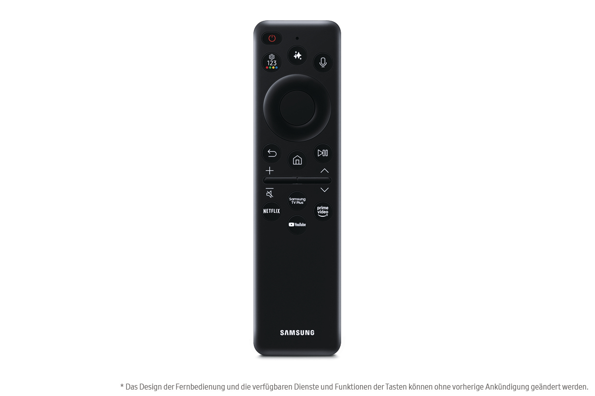Eine schwarze Samsung-Fernbedienung mit verschiedenen Tasten, darunter Ein/Aus, Lautstärke, Kanal, Netflix und YouTube, wird gezeigt.