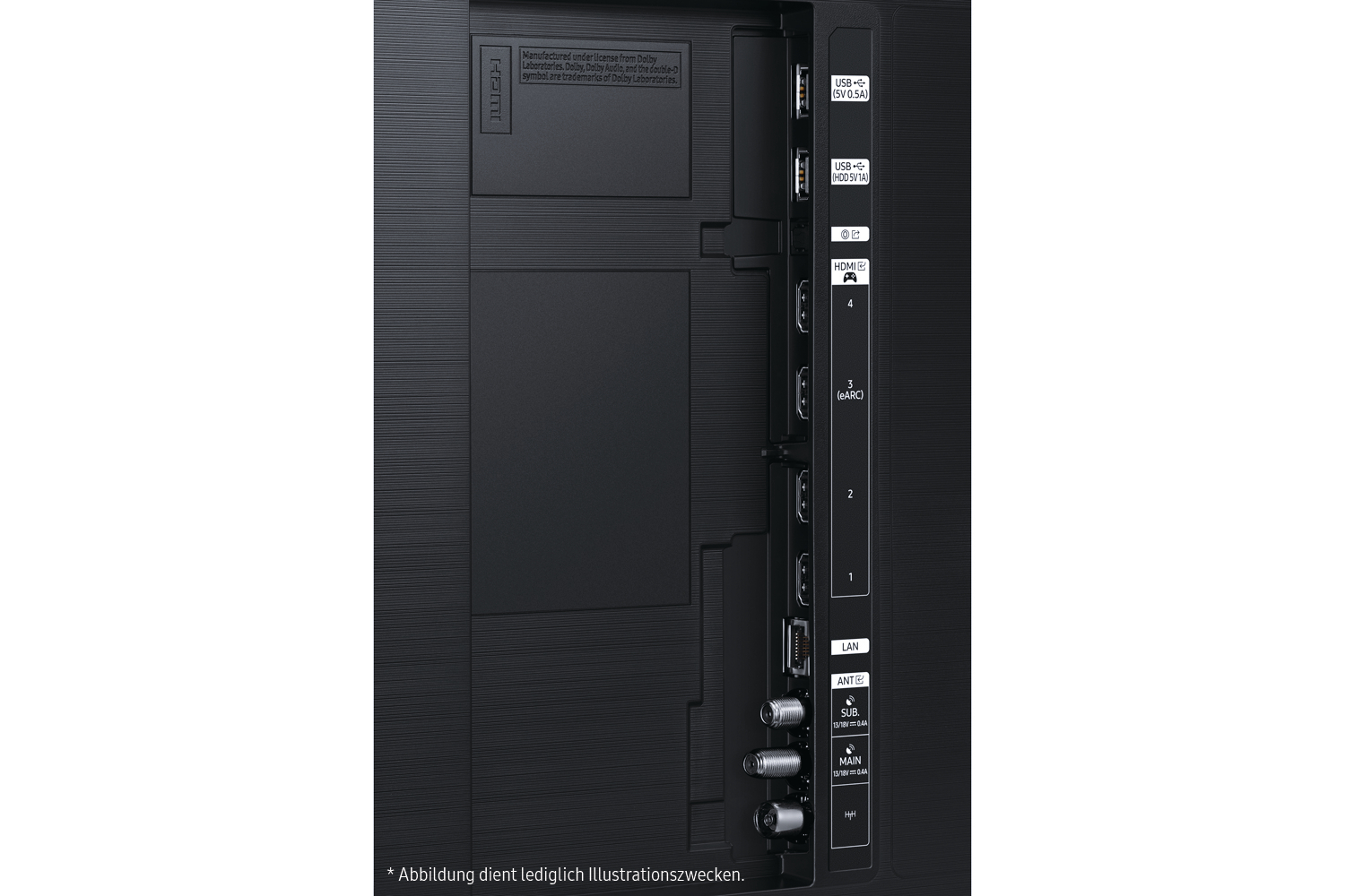 Nahaufnahme der Rückseite eines Fernsehers mit Anschlüssen: HDMI, USB, LAN und Antenneneingänge. Verschiedene Etiketten und ein Dolby-Logo sind sichtbar.