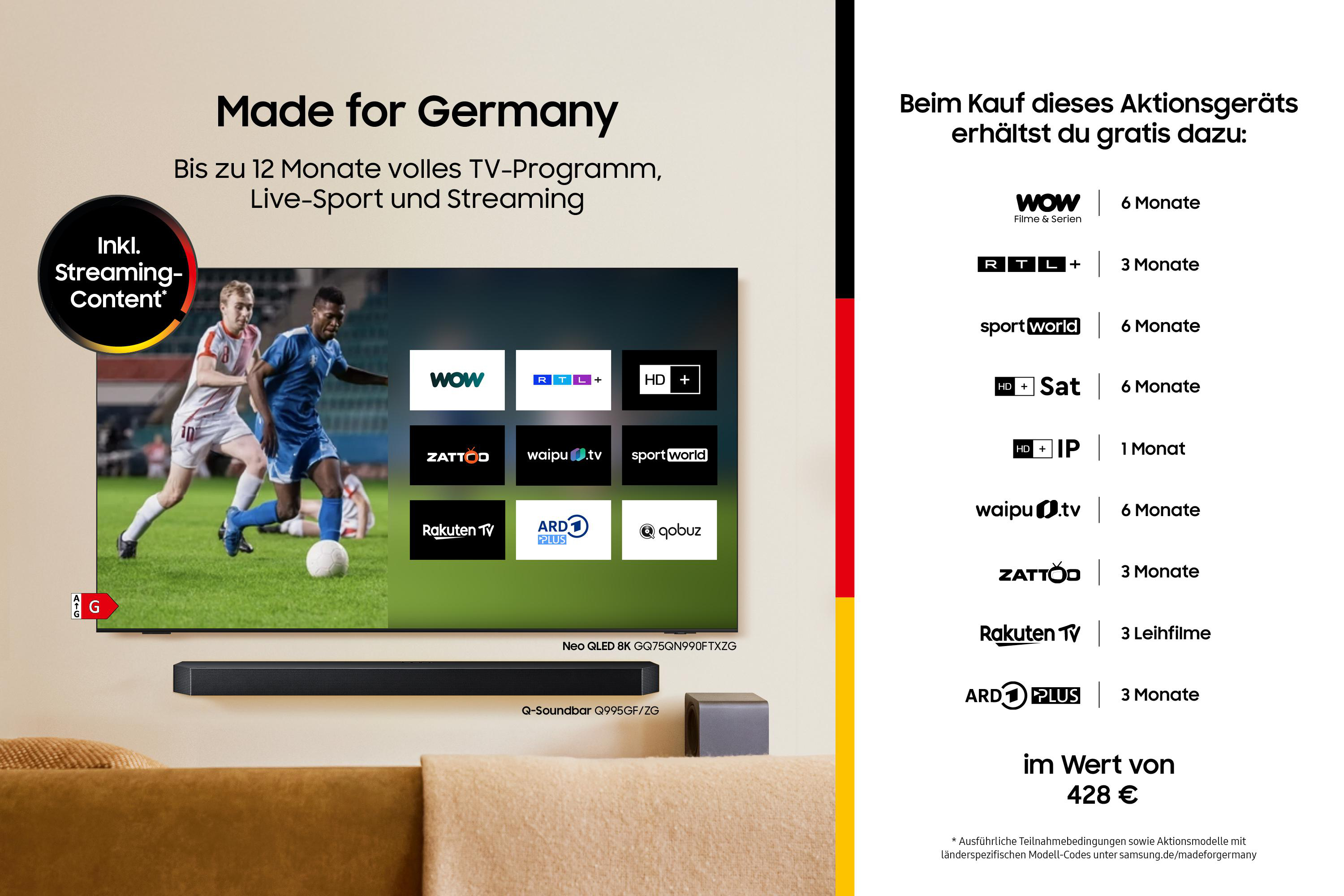Werbung zeigt TV, Fußballspieler, Streaming-Logos. Text wirbt für Angebote.