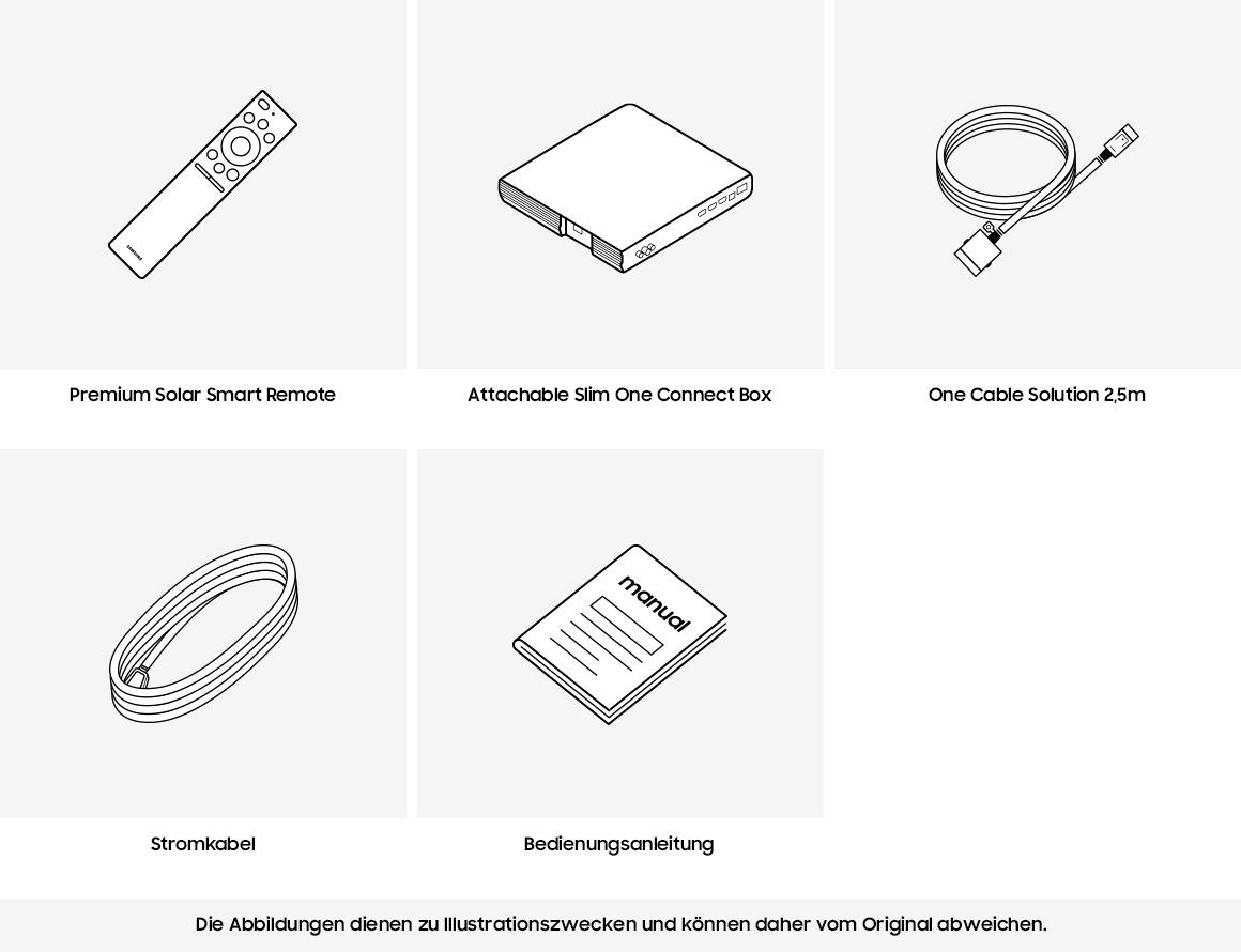 Illustrationen einer Fernbedienung, einer Box, eines Kabels, eines Netzkabels und einer Bedienungsanleitung.