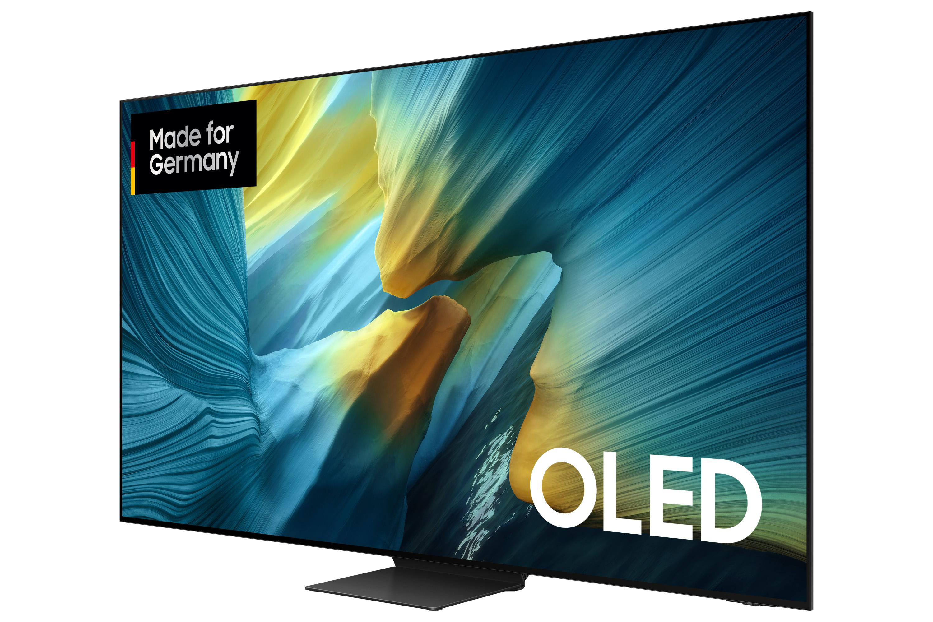 OLED-Fernseher mit abstrakter Kunst, schwarzem Rahmen, schwarzem Ständer und Aufschrift 'Made for Germany'.