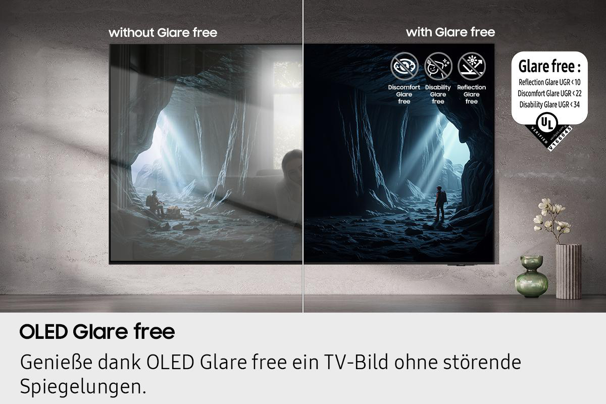 Ein Fernsehbildschirm zeigt zwei Bilder: eines mit Blendung, das andere ohne. Das Bild 'mit blendfrei' zeigt eine Person in einer Höhle.