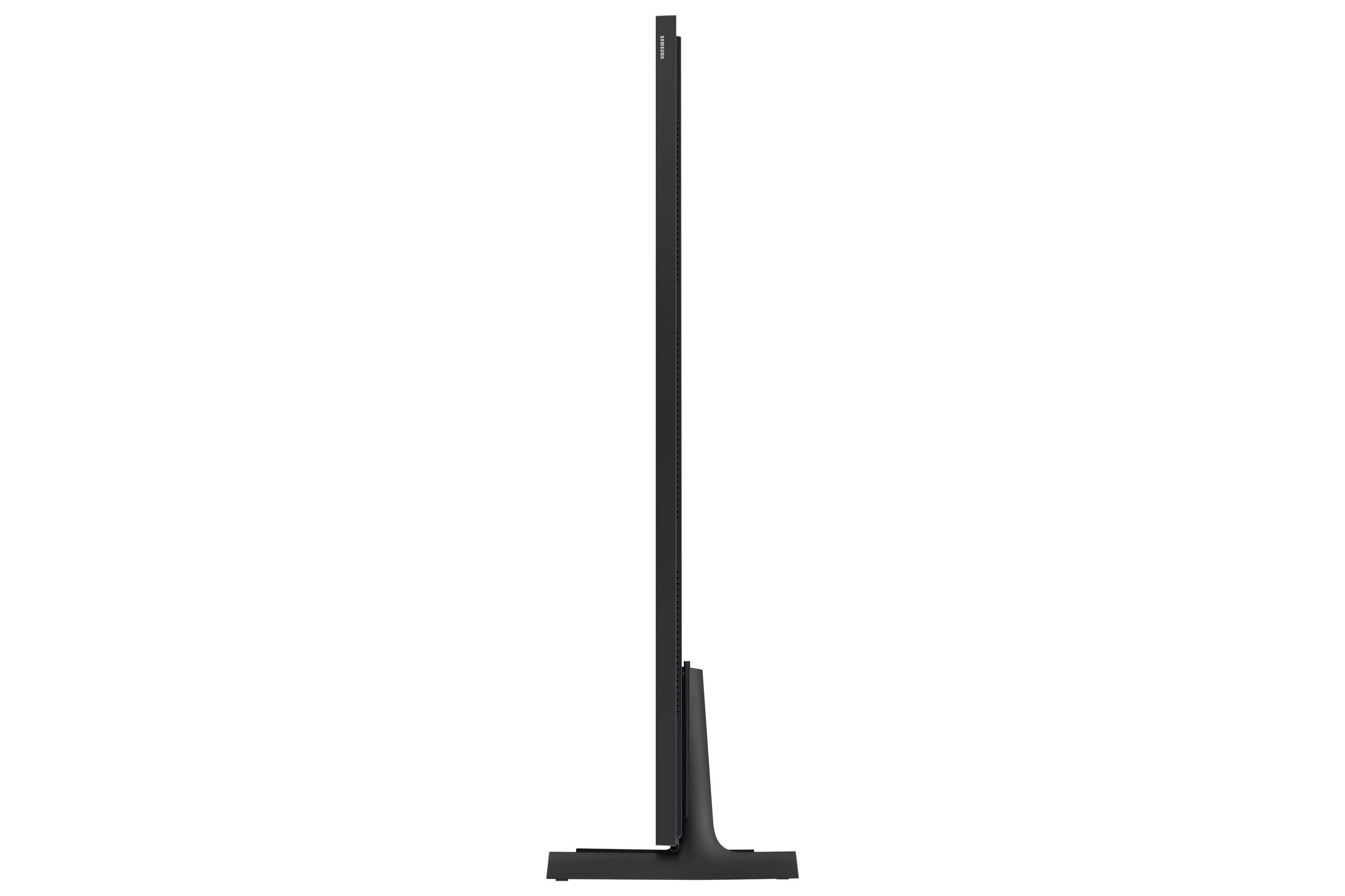 Ein schwarzer, hoher, moderner Fernseher steht aufrecht vor einem weißen Hintergrund. Das Samsung-Logo ist sichtbar.
