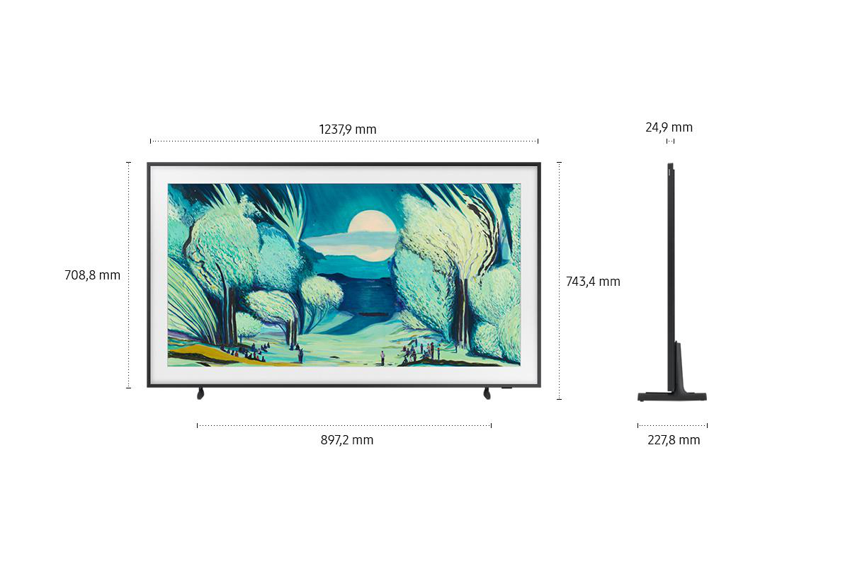 Fernseher mit Landschaftsbild mit Bäumen und Mond. Abmessungen sind um den Fernseher beschriftet. Der Fernseher steht auf einem Ständer.