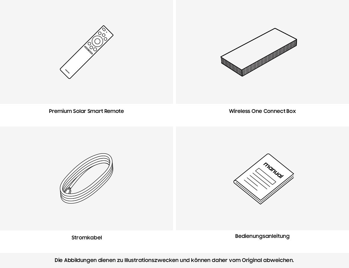 Illustrationen einer Fernbedienung, einer Box, eines Kabels und eines Handbuchs. Alles sind Schwarz-Weiß-Strichzeichnungen.