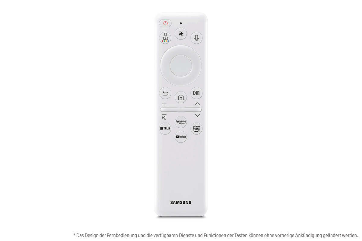 Weiße Samsung TV-Fernbedienung. Mit Tasten für Ein/Aus, Netflix, YouTube sowie Lautstärke- und Kanalregler.