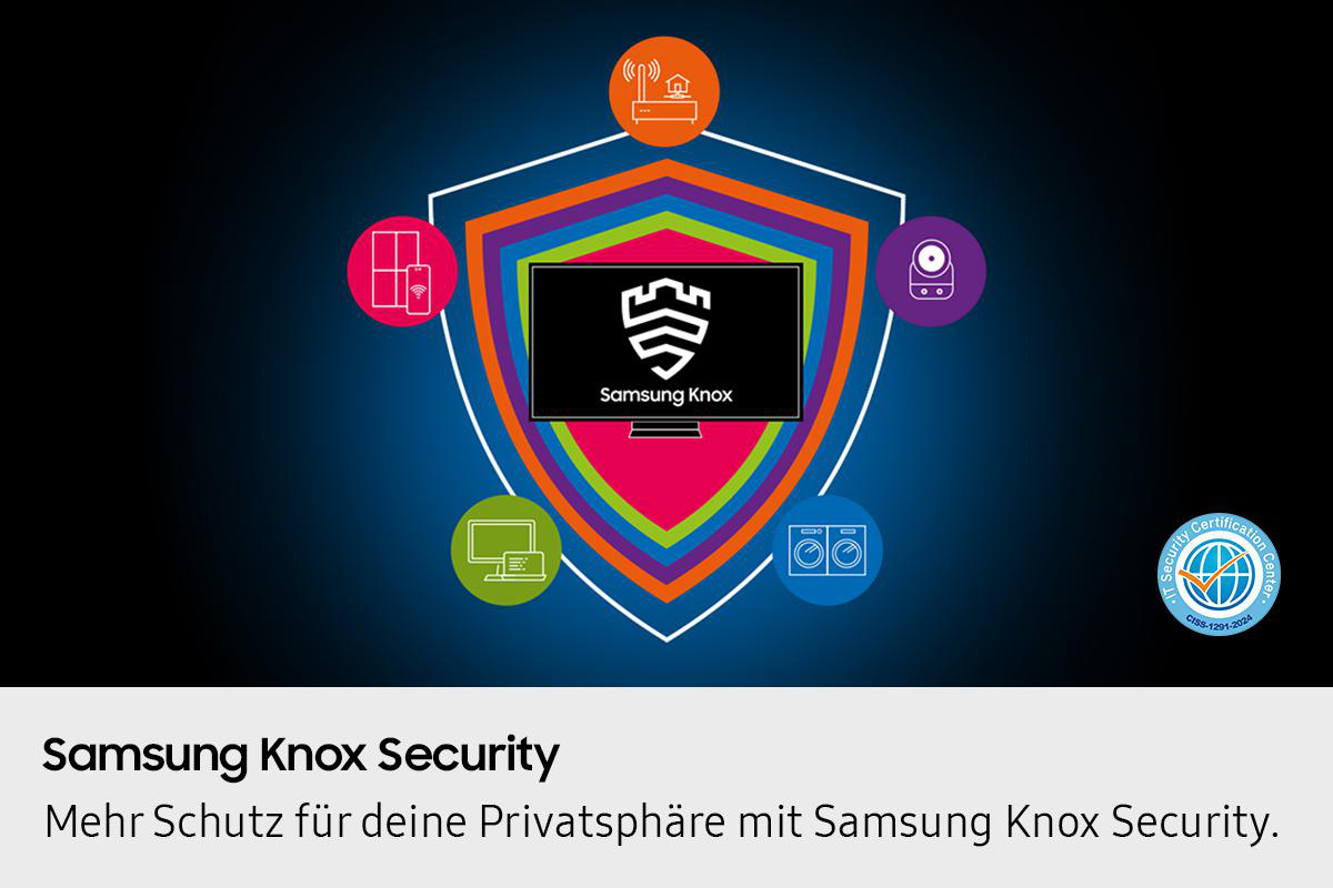 Samsung Knox Grafik: Schild mit Fernseher, Symbolen und Text. Blauer Farbverlauf. Sicherheitszertifizierungslogo.