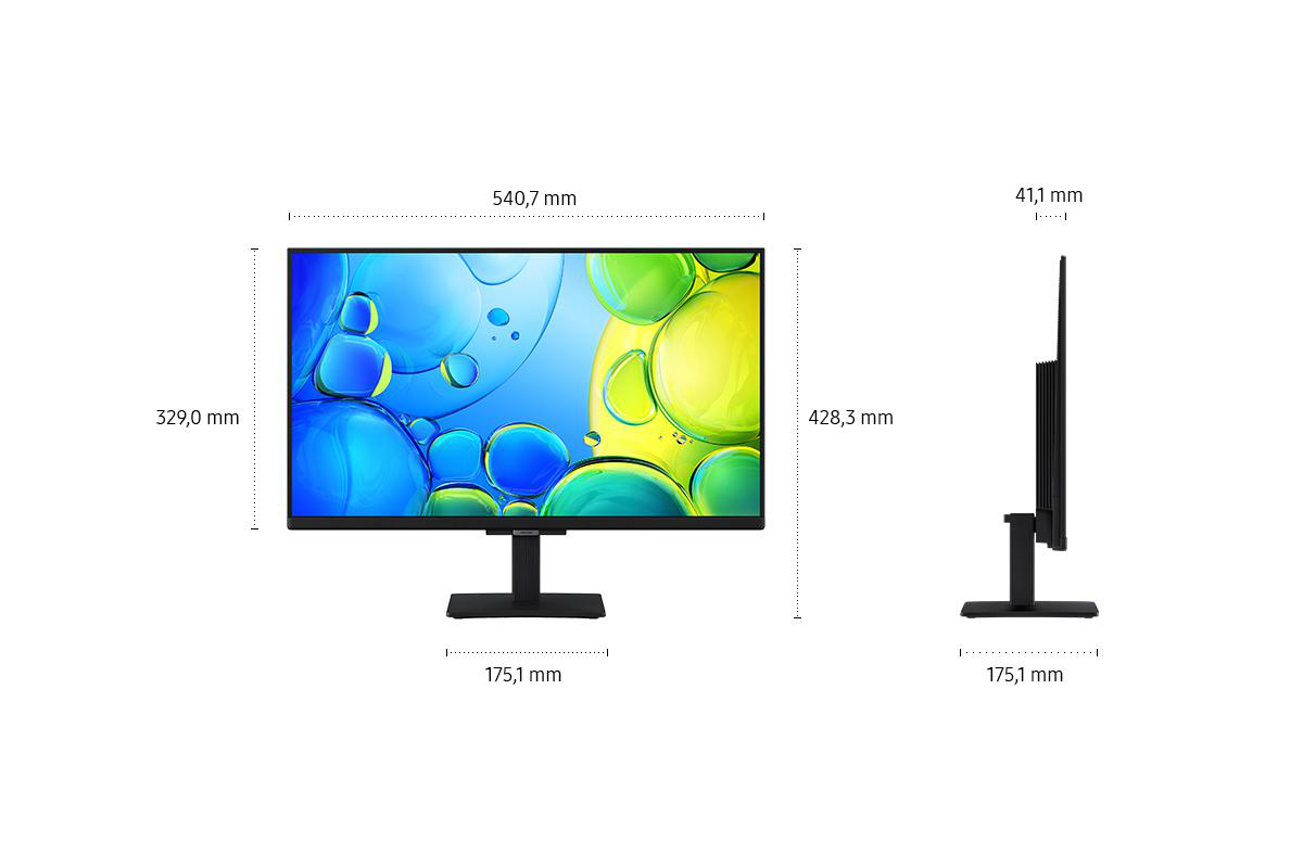 Monitor mit grünem und gelbem Bildschirm, Abmessungen angezeigt. Seitenansicht zeigt Dicke. Maße: 540,7x428,3x329 mm, 175,1 mm Basis.