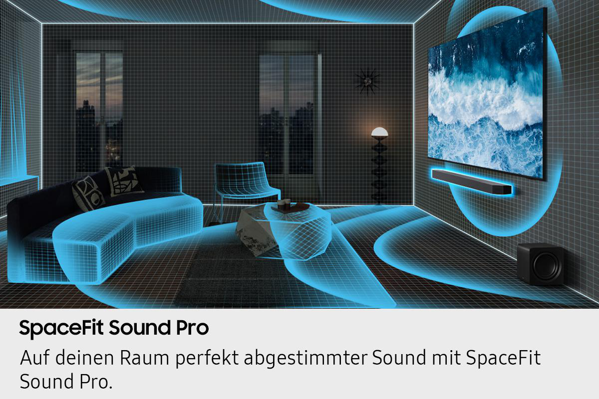 Ein modernes Wohnzimmer mit geschwungenem Sofa, Soundsystem, TV und Subwoofer. Blaue Linien heben Schallwellen hervor.