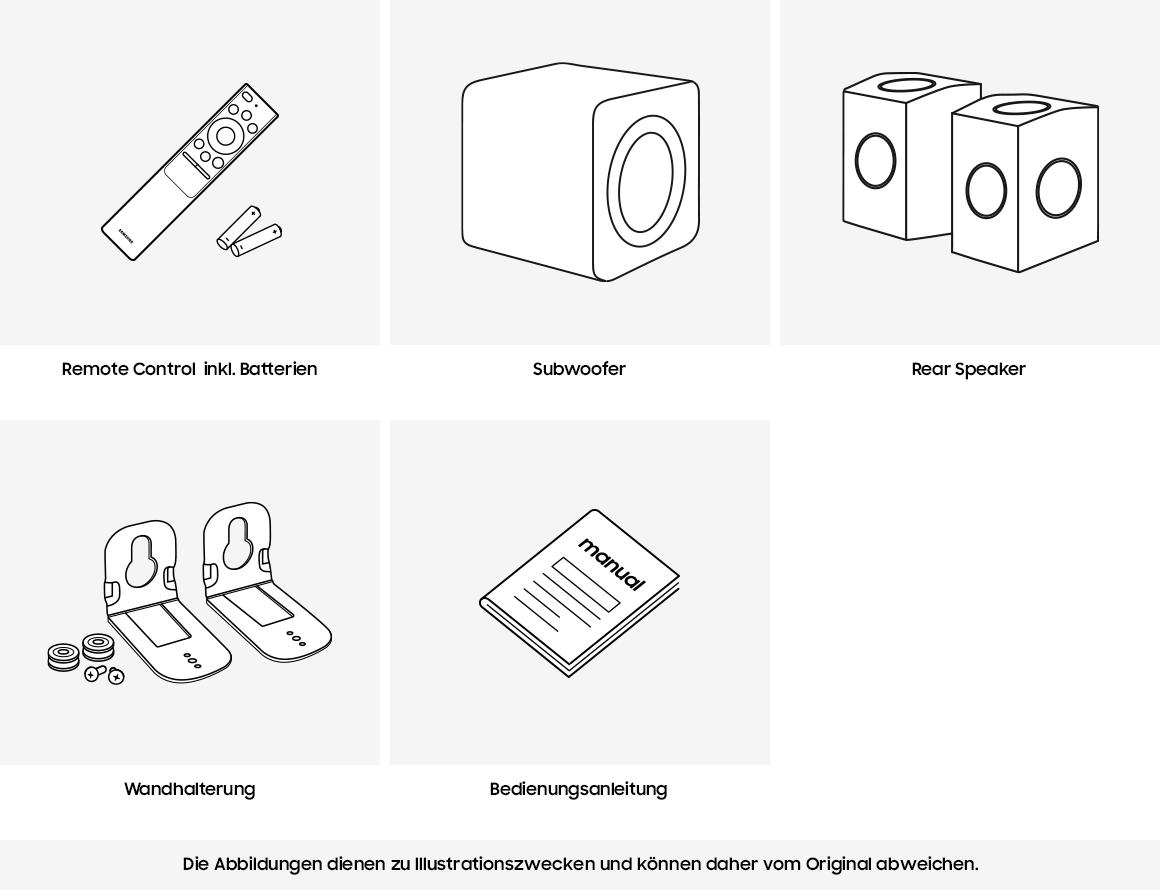 Fernbedienung, Batterien, Subwoofer, Rücklautsprecher, Wandhalterung und Handbuch sind in Schwarzweiß dargestellt.