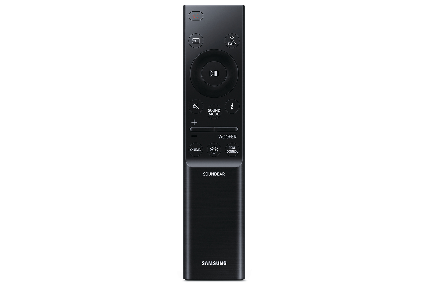Eine schwarze Samsung Soundbar-Fernbedienung mit verschiedenen Tasten, darunter Ein/Aus, Lautstärke und Toneinstellungen, auf weißem Hintergrund.