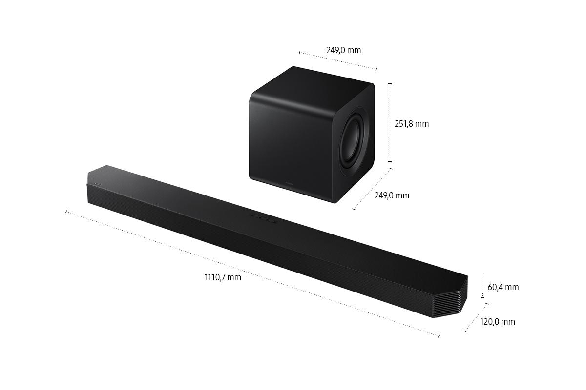 Schwarze Soundbar, Subwoofer und Abmessungen auf weißem Hintergrund. Soundbar: 1110,7 mm, Subwoofer: 249,0 mm x 251,8 mm x 249,0 mm.